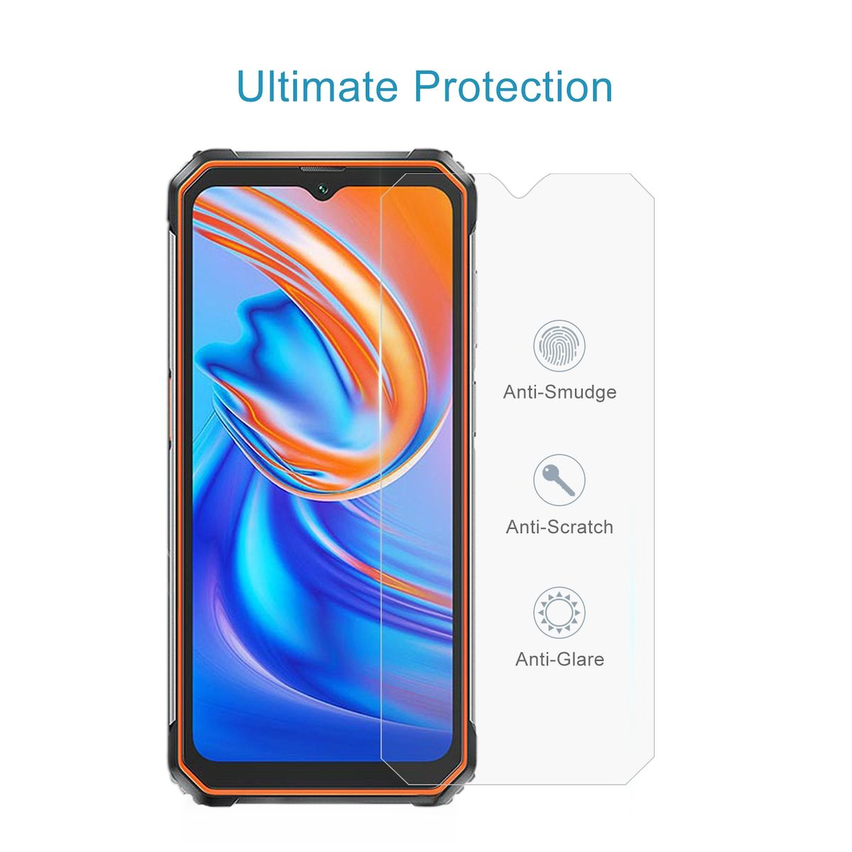 Ein Smartphone mit Displayschutz und Text über Schutz.