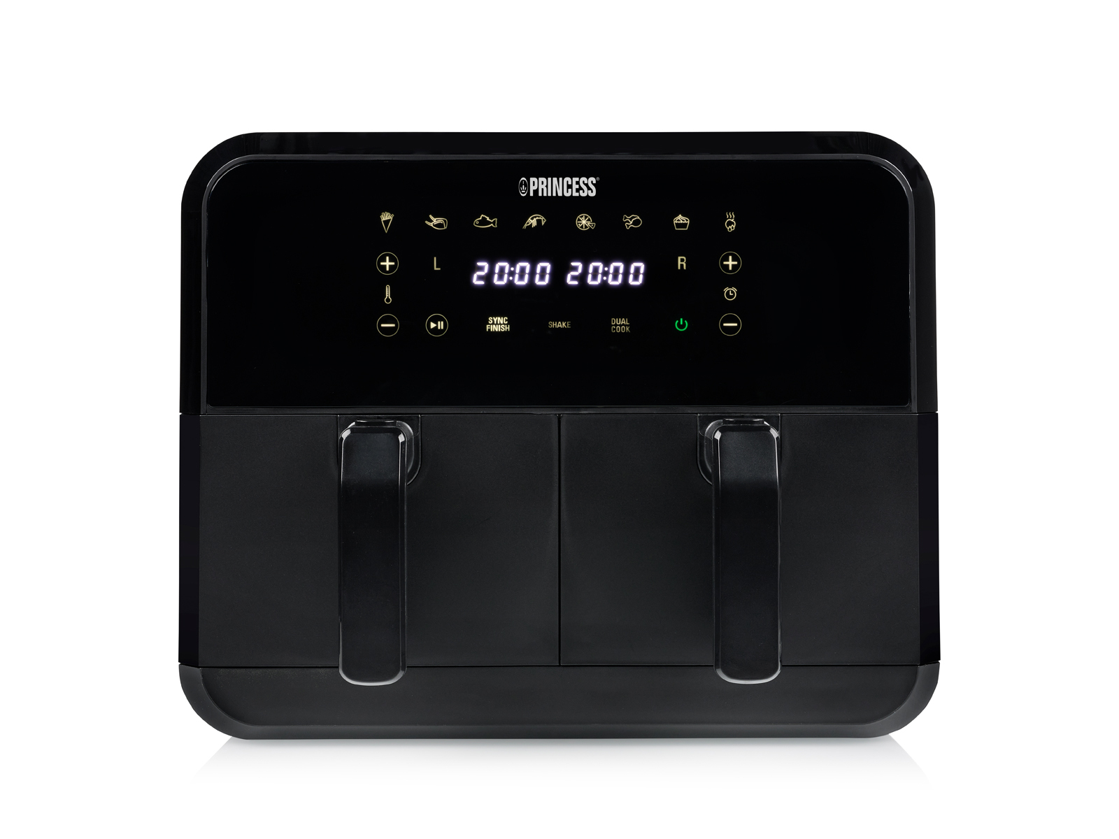 Czarna podwójna frytkownica powietrzna z cyfrowym wyświetlaczem pokazującym czas i elementy sterujące. Białe tło.