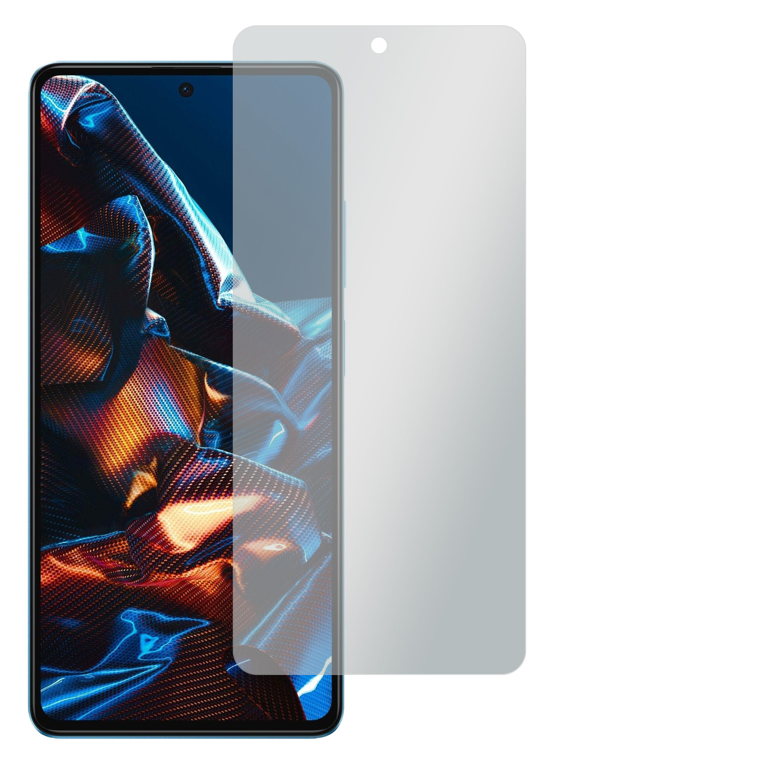Telefon mit Displayschutz. Der Schutz befindet sich daneben.