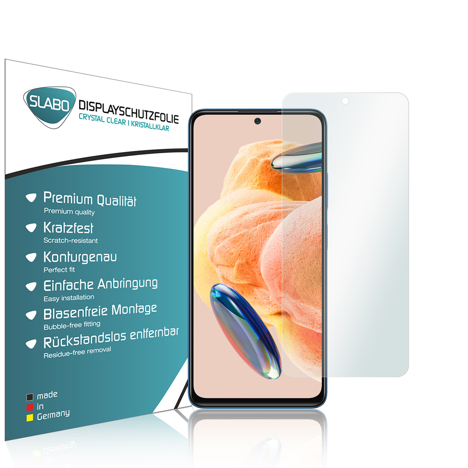 Telefon mit Displayschutz und Schachtel mit Funktionen. Weißer Hintergrund.