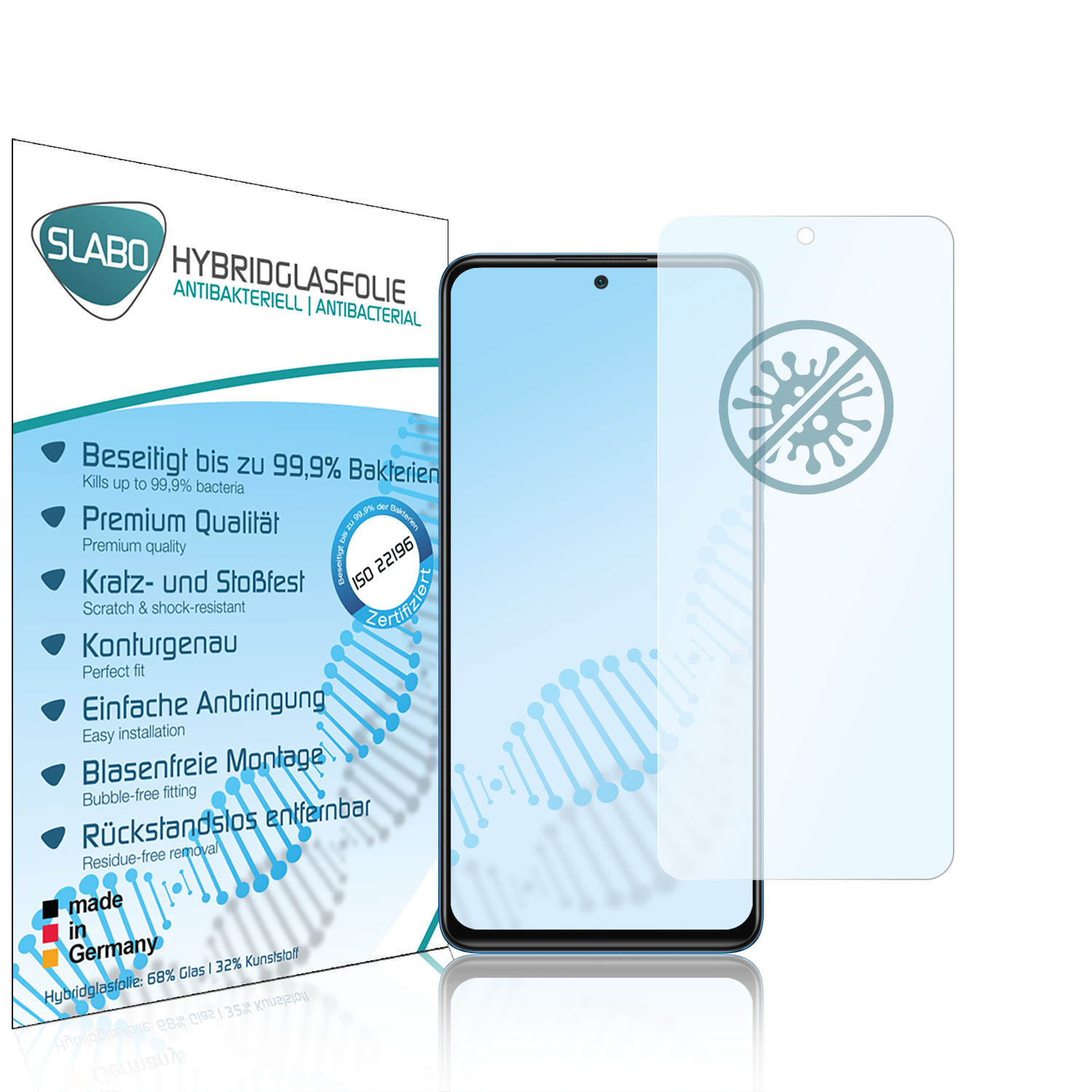 Handy-Displayschutz mit blauem Hintergrund, Telefon und Bakterienzeichen.