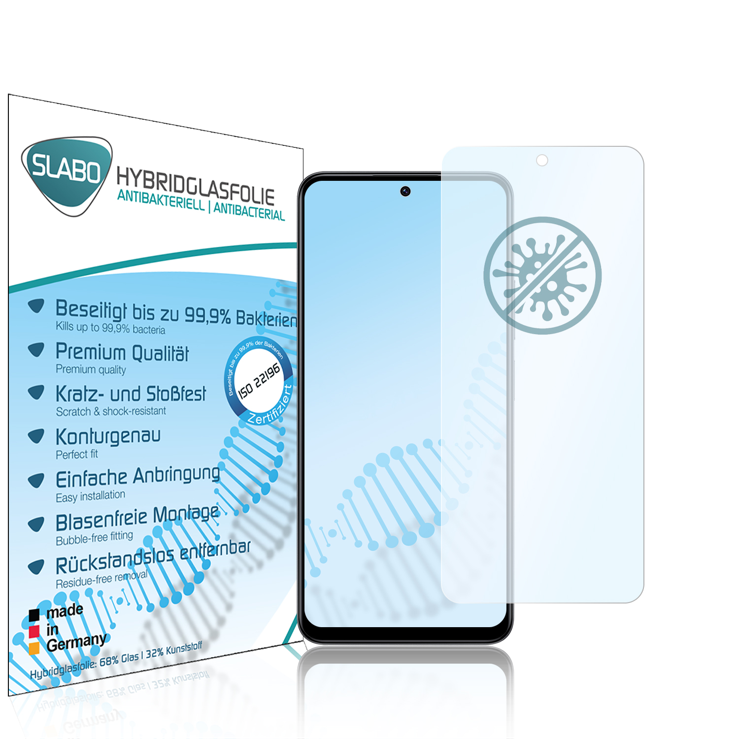 Verpackung mit Displayschutzfolie und Telefon, mit blau-weißem Hintergrund.