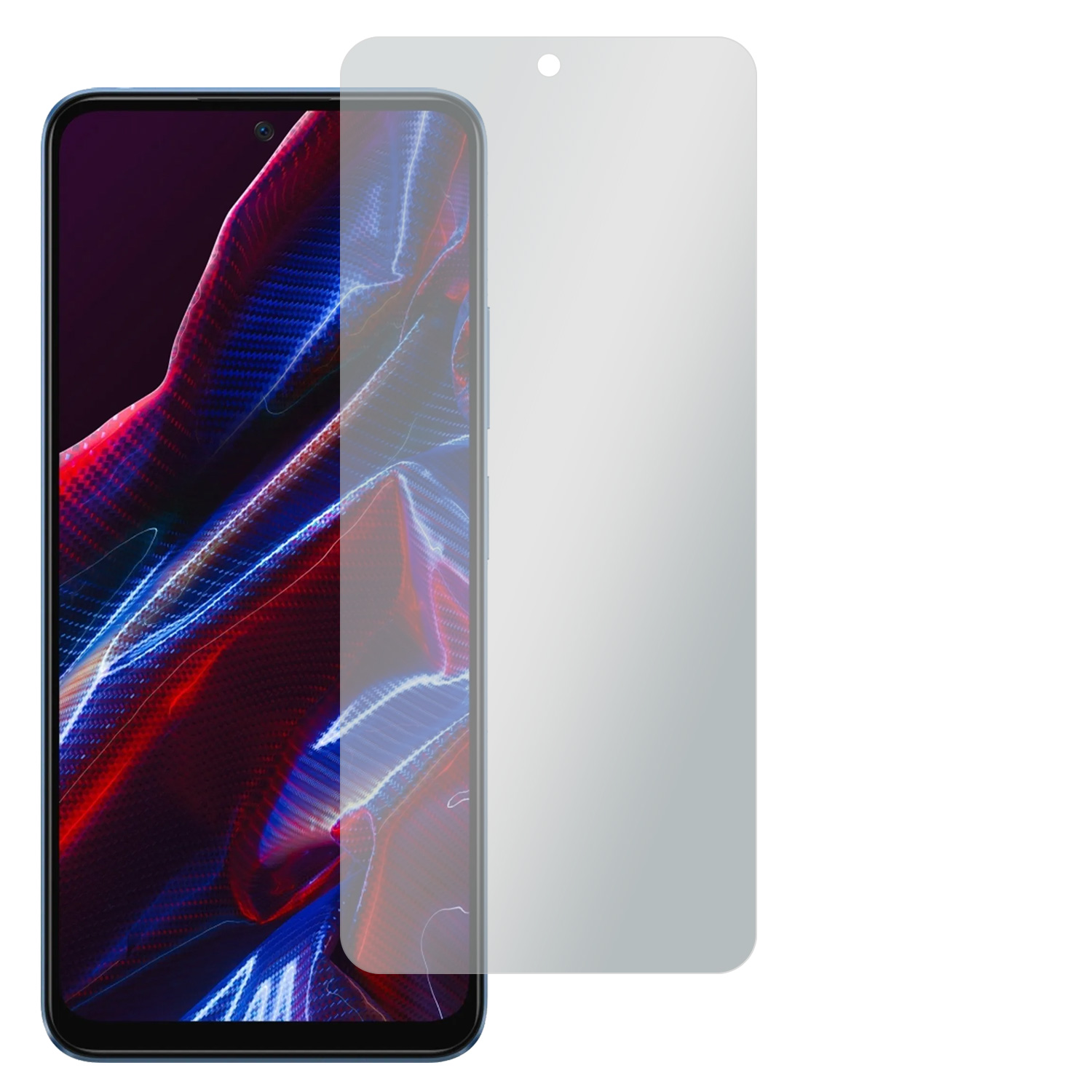 Smartphone mit angebrachter Displayschutzfolie, vor weißem Hintergrund.
