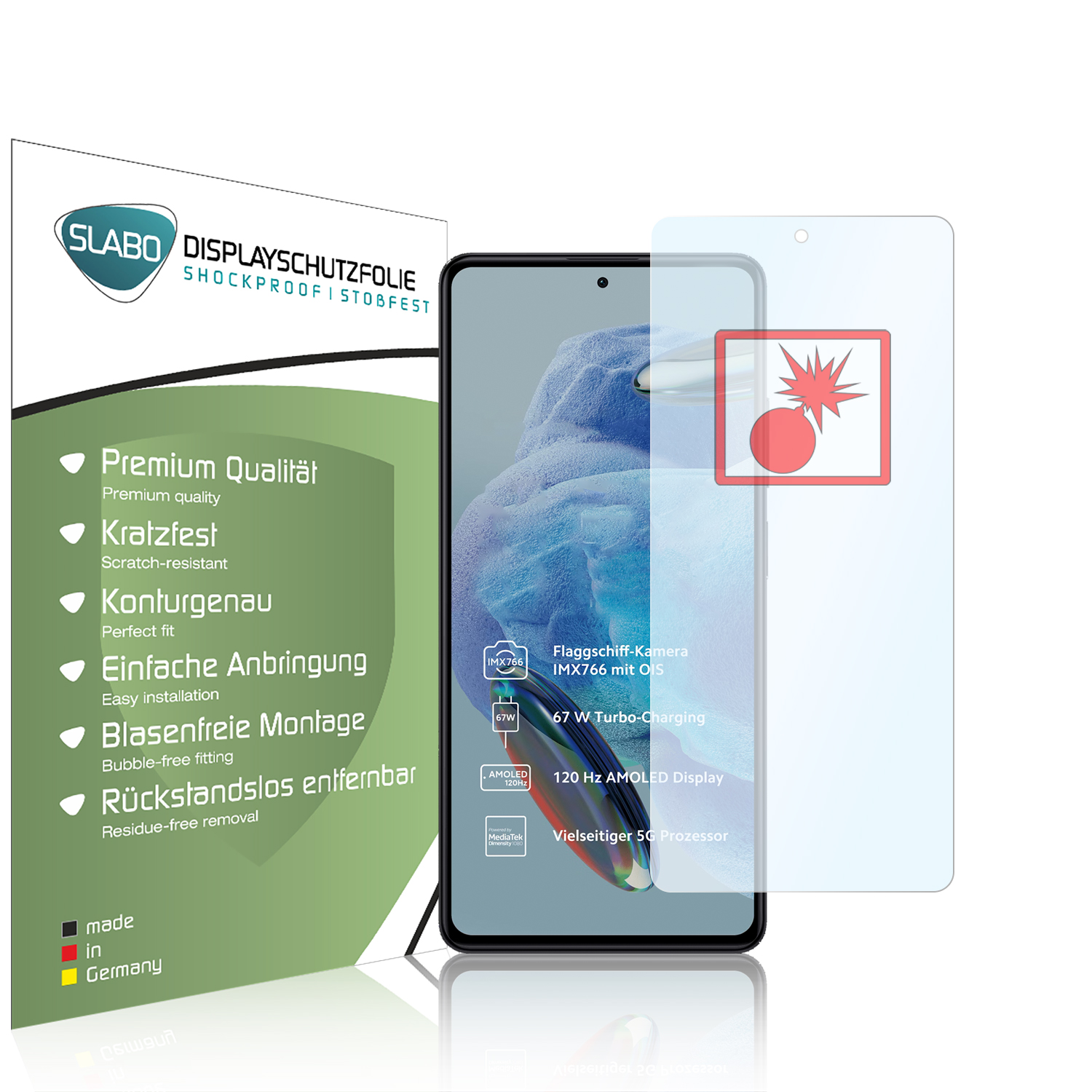 Ein Telefon mit Displayschutzfolie. Die Schutzfolienbox links mit Text über ihre Eigenschaften.