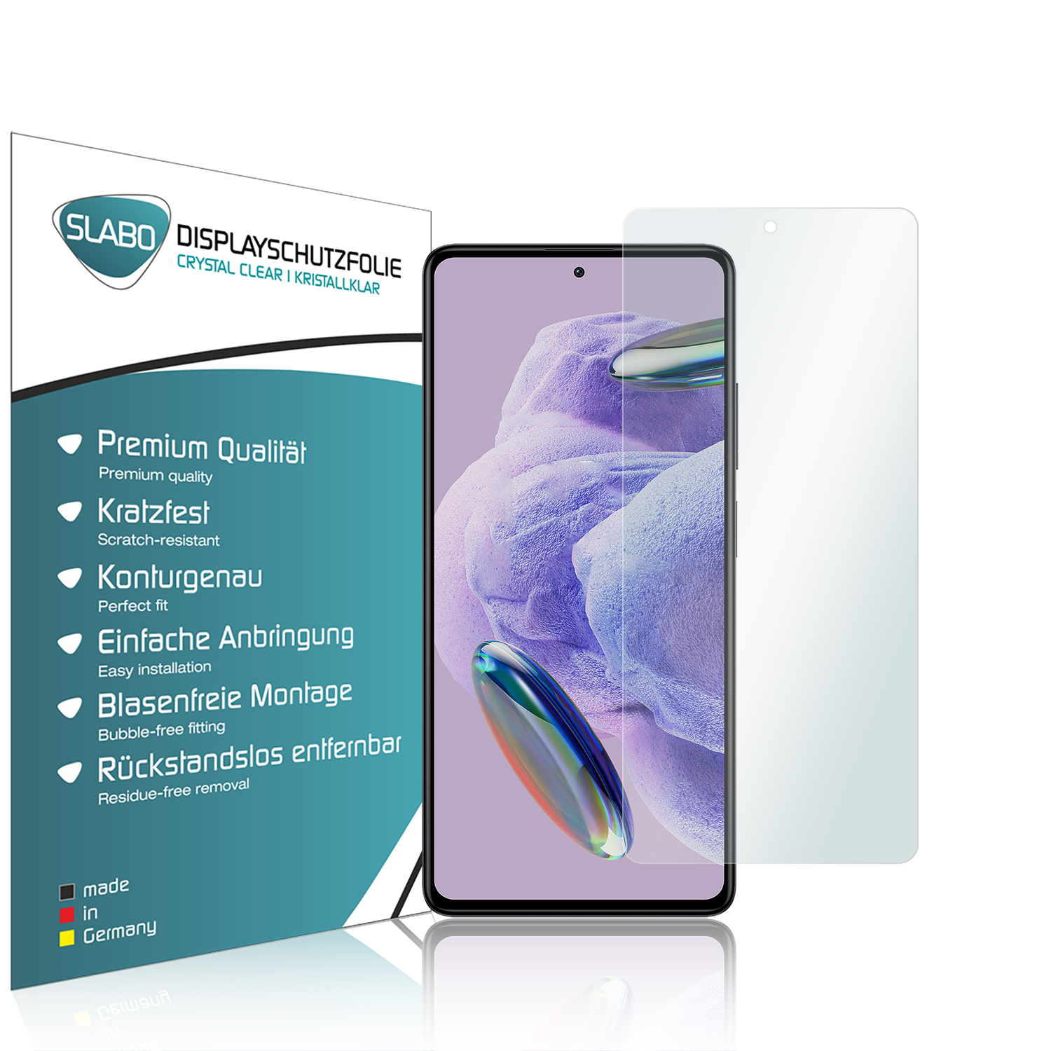 Telefon mit Displayschutzfolie und Verpackung, zeigt Funktionen und Vorteile.