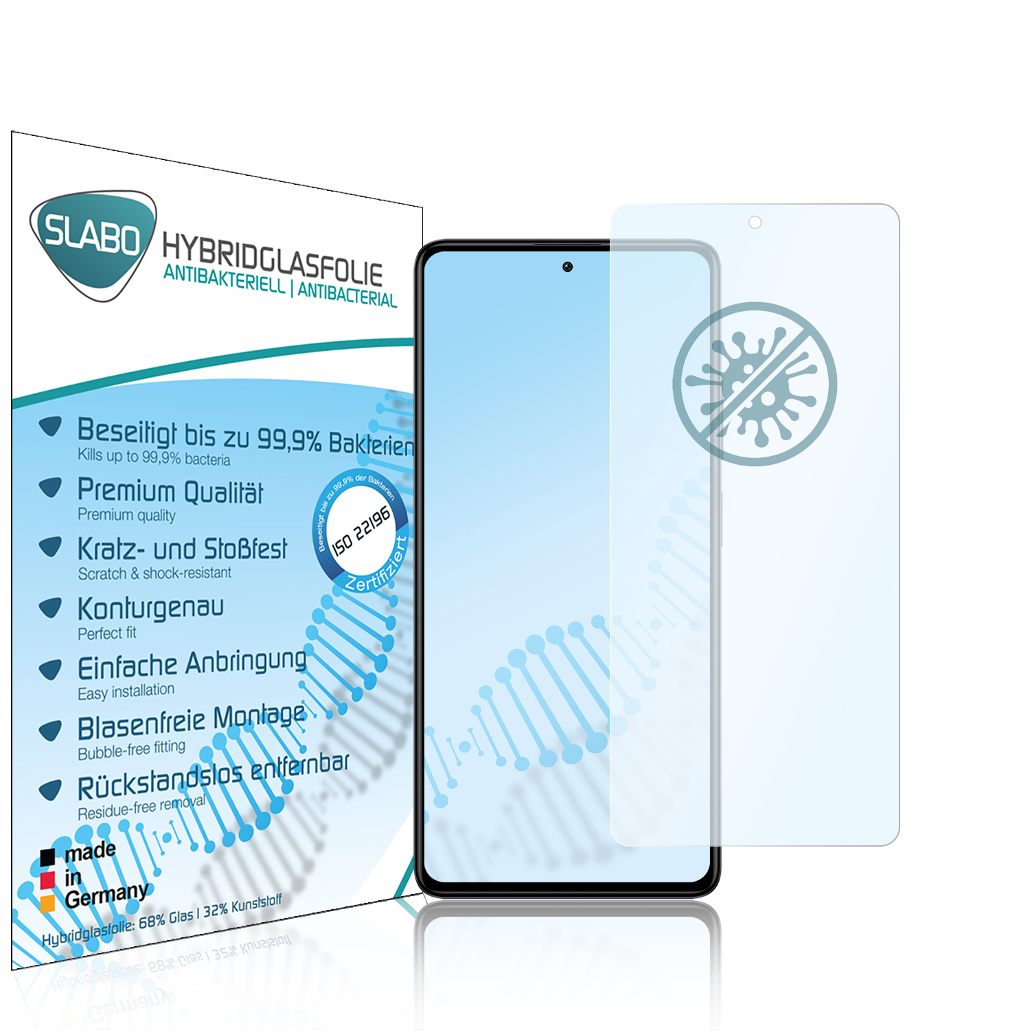 Verpackung für Displayschutzfolie. Transparenter Schutz, blaues Telefondisplay. Text und Logo sichtbar.