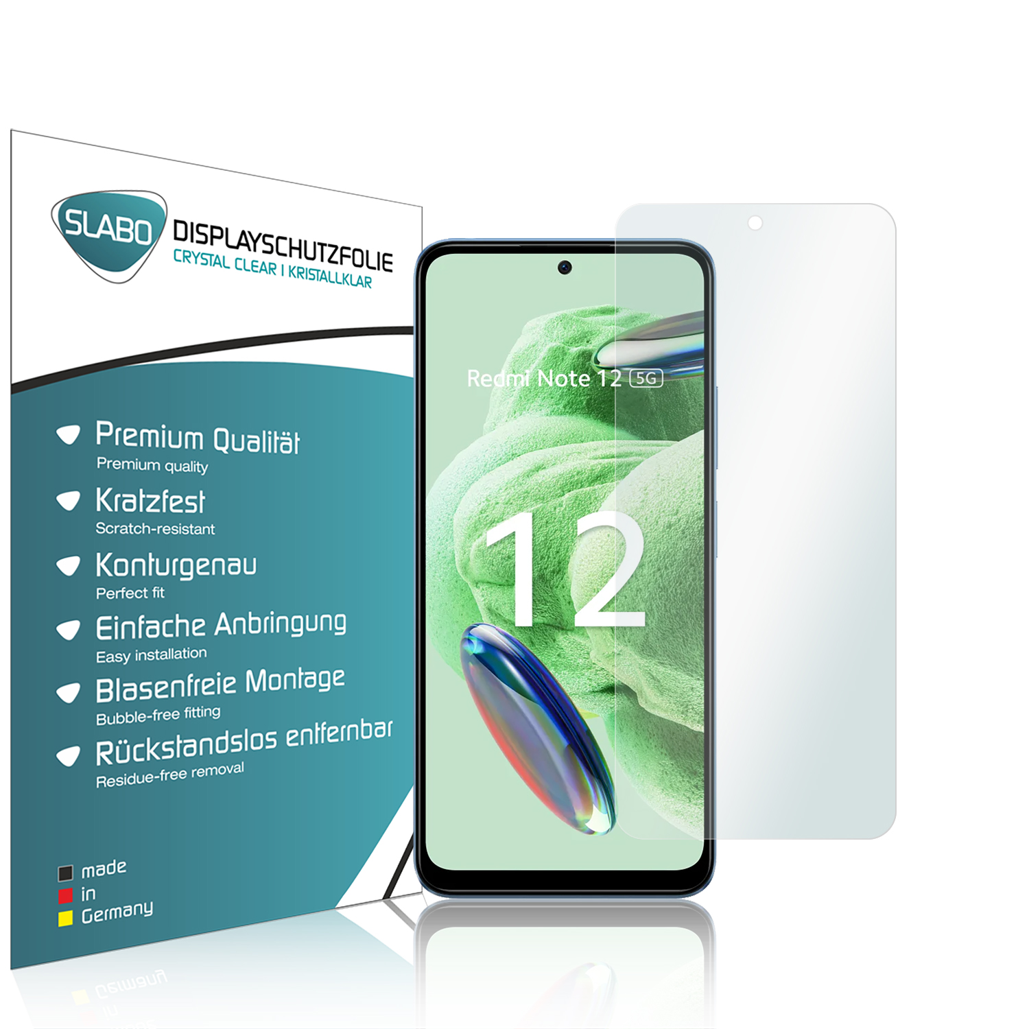 Ein Displayschutz für ein Redmi Note 12 5G Telefon, mit Telefon und Verpackung im Display.