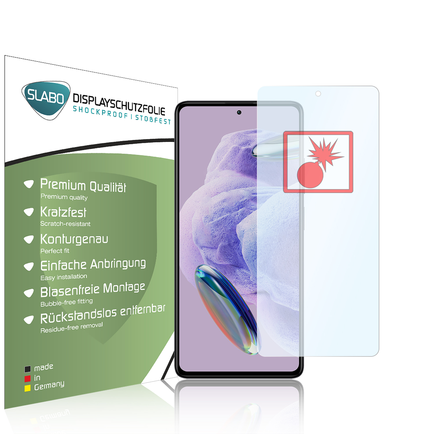 Displayschutzfolien-Set mit einem Telefon. Text und Logo auf der linken Seite.
