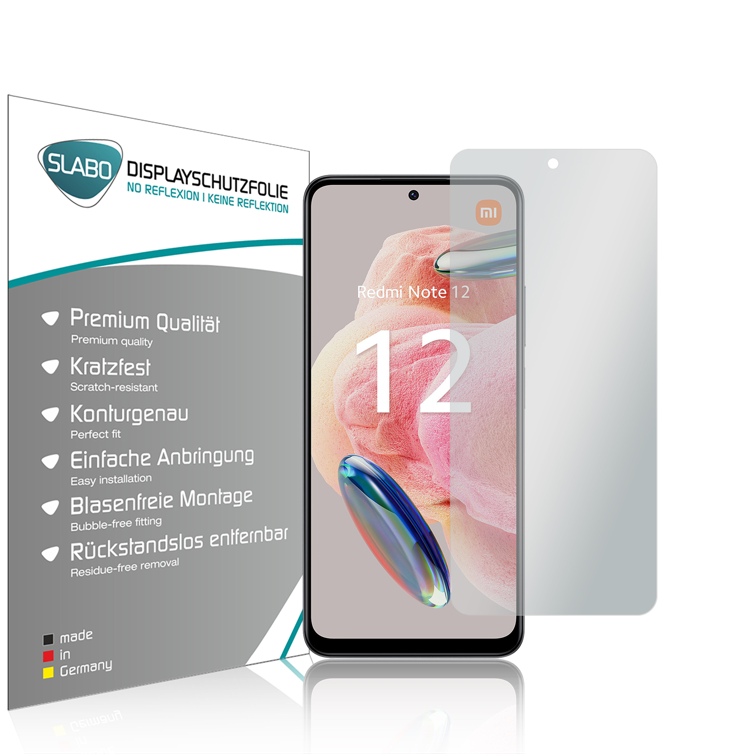 Handy-Displayschutzfolien-Box und Handy mit angebrachter Displayschutzfolie.