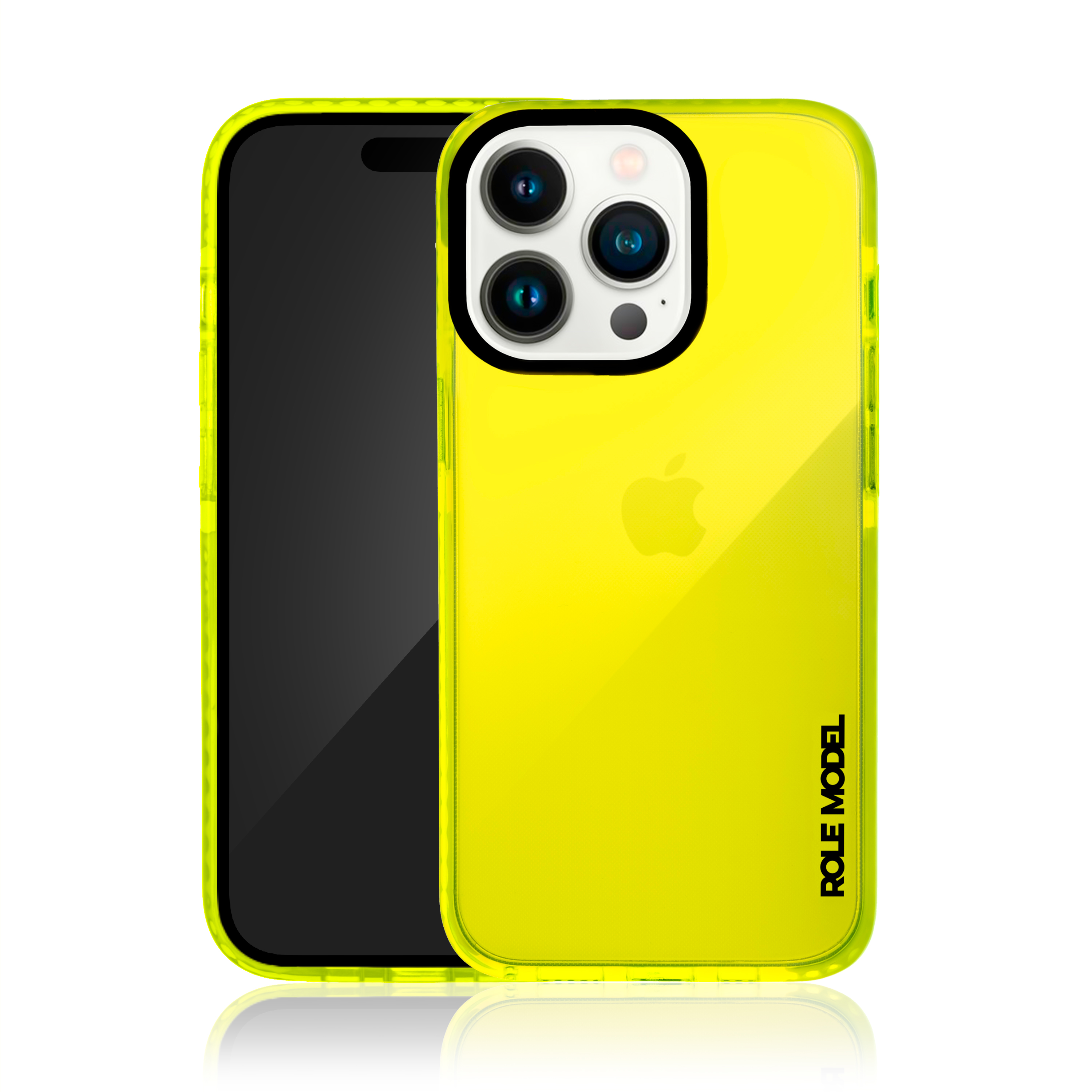 Gelbe Handyhülle mit schwarzem Telefon. Schwarze Kameralinsen und weißes Apple-Logo.
