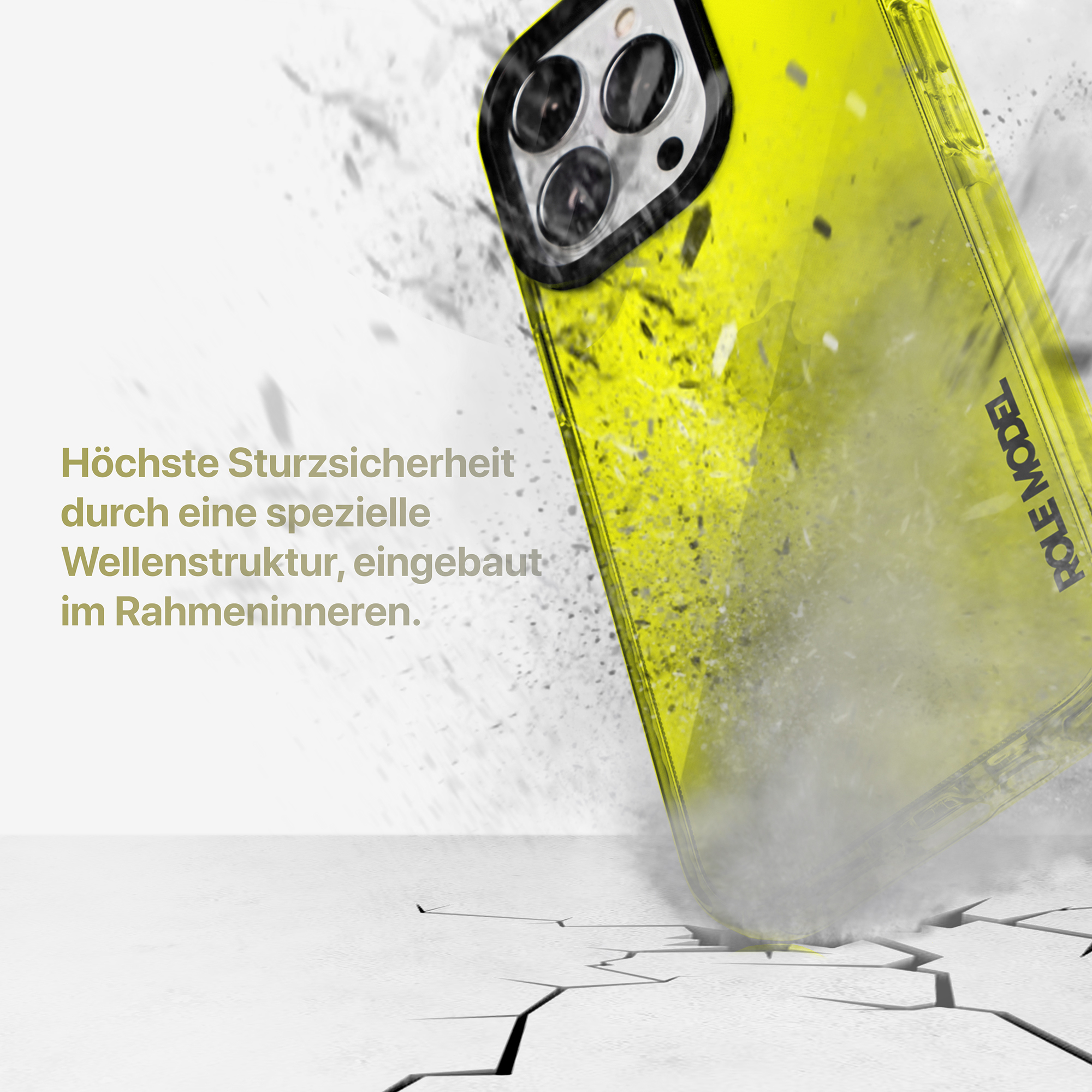 Ein Telefon in einer gelben Schutzhülle bei einem Aufprall. Die Hülle zeigt eine Wellenstruktur.
