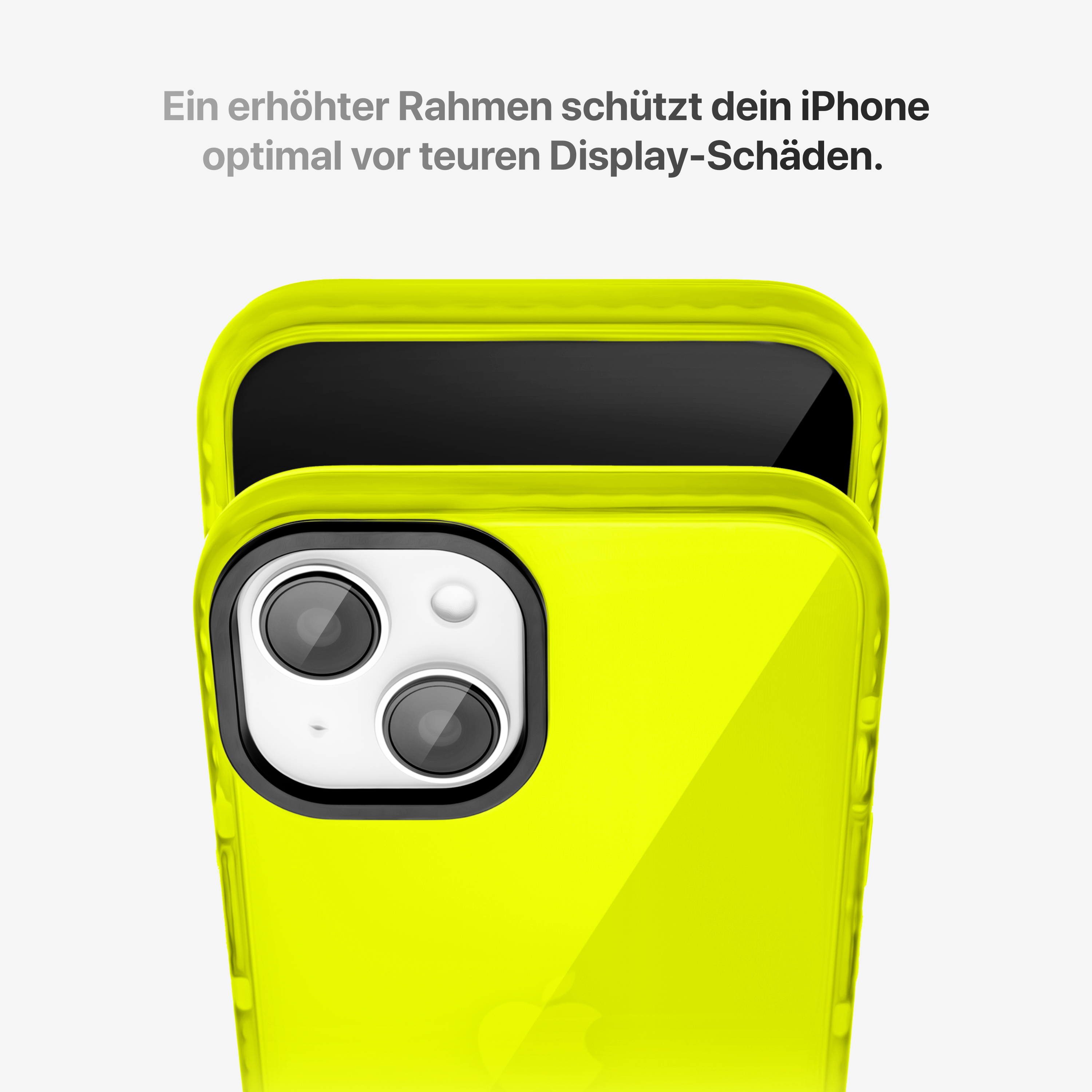 Neongrüne iPhone-Hülle mit schwarzem Kamerabuckel. Die Hülle ist auf weißem Hintergrund mit Text oben.