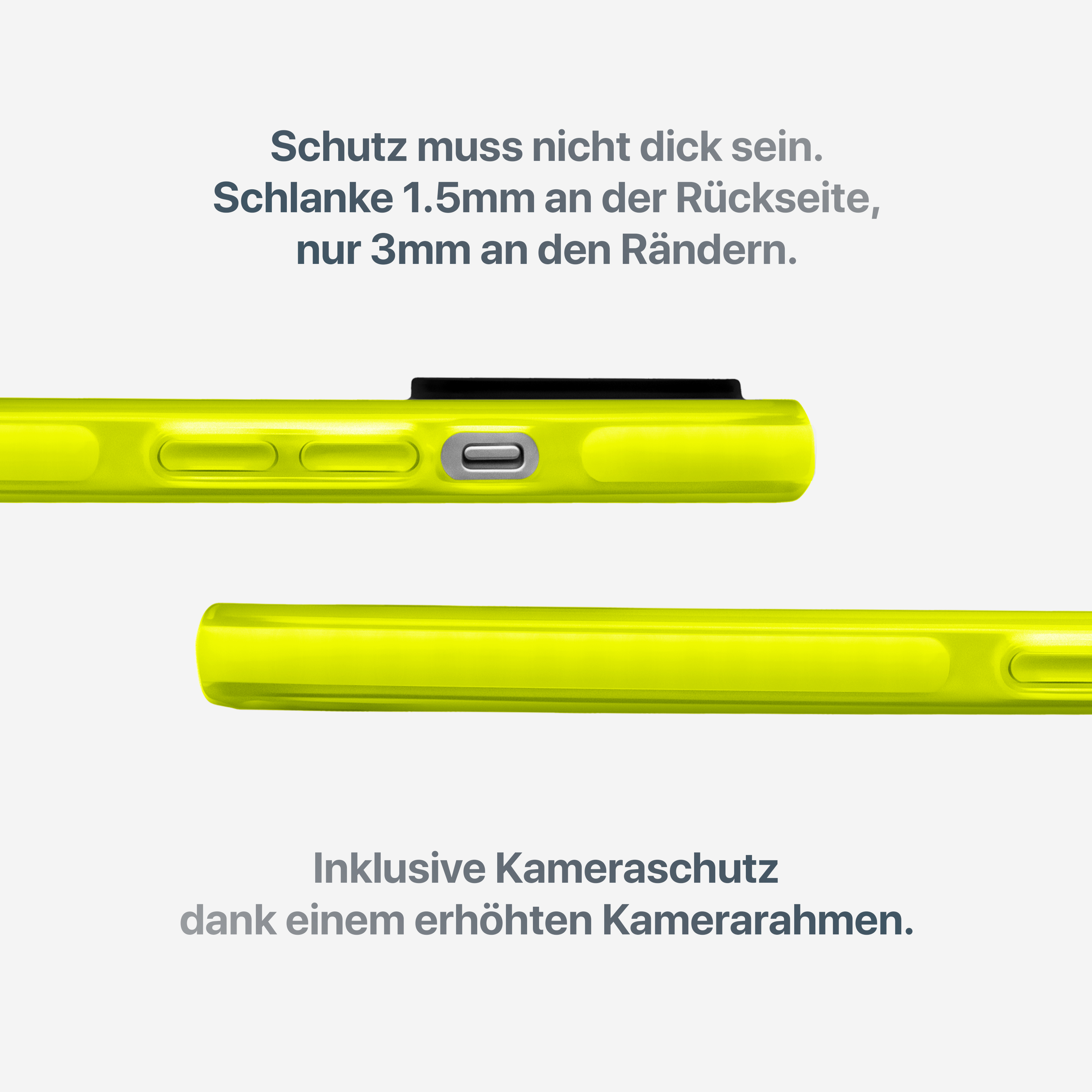 Nahaufnahme einer gelben Handyhülle, die die Seite und die Oberseite zeigt. Text auf Deutsch beschreibt die Merkmale.