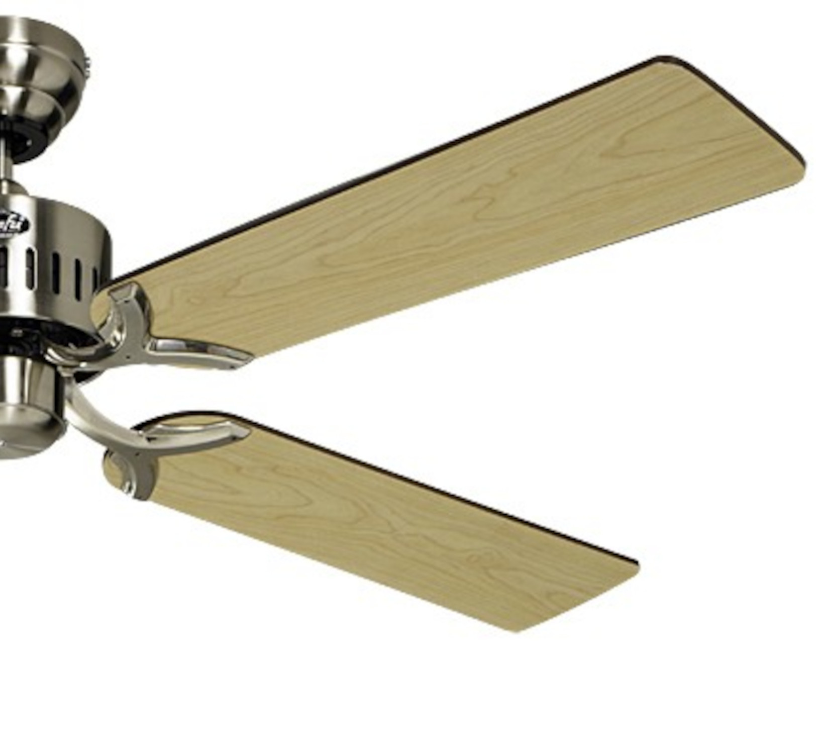 Ventilatore da soffitto con due pale in legno e finitura cromata.