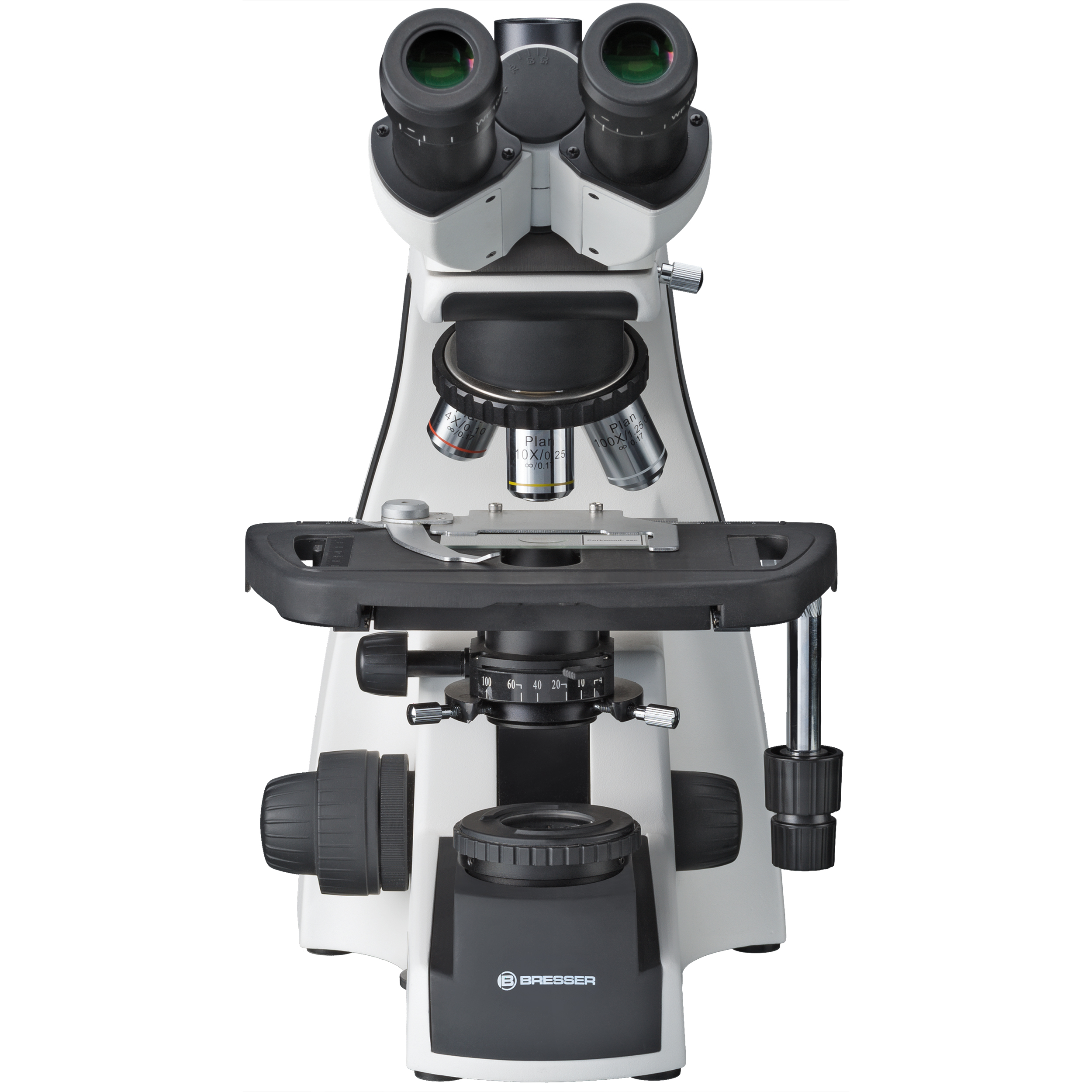 Microscopio con oculares dobles. Blanco y negro con lentes. Equipamiento científico.