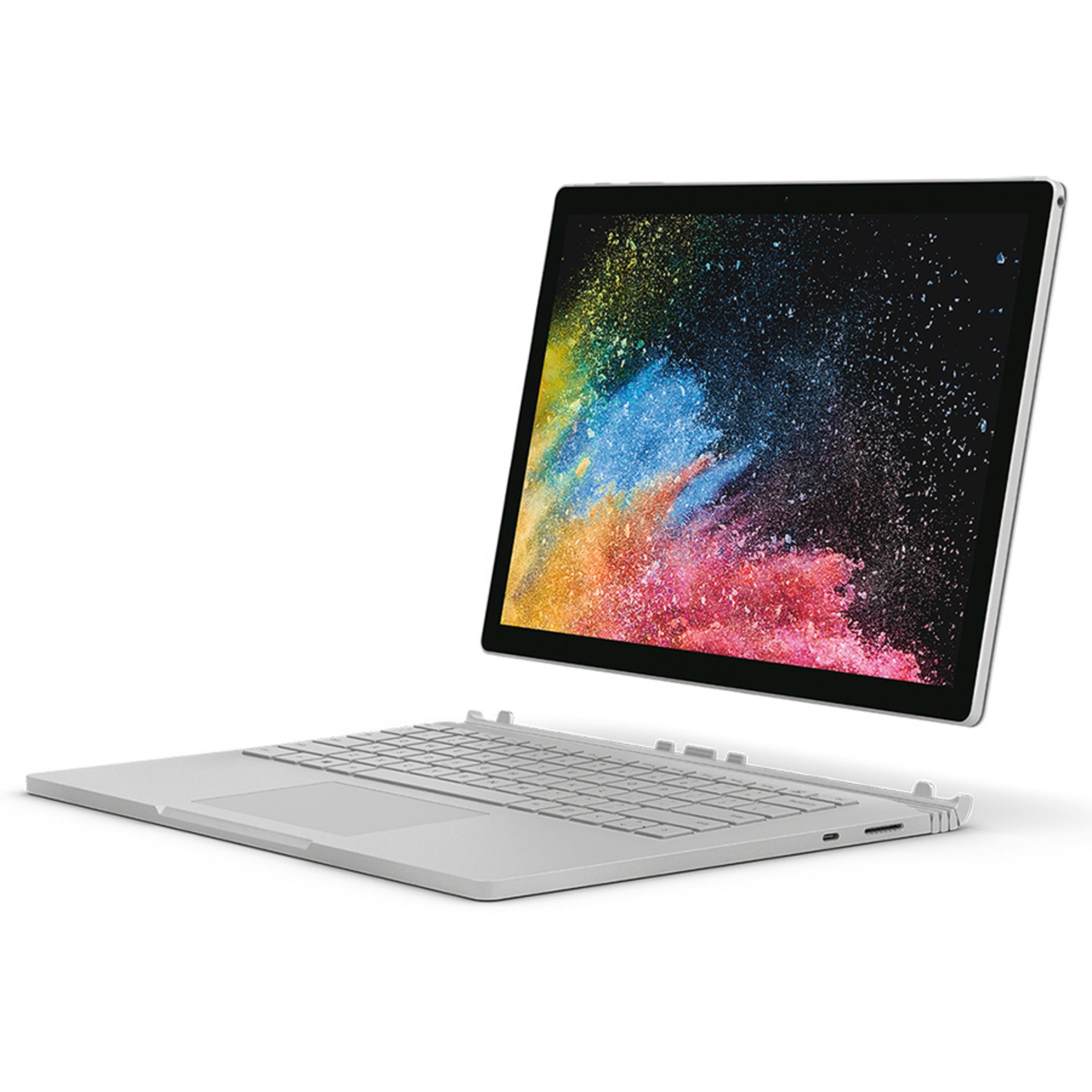Ein Laptop mit farbenfrohem Bildschirm, geöffnet auf einer weißen Oberfläche. Der Laptop ist hellgrau.