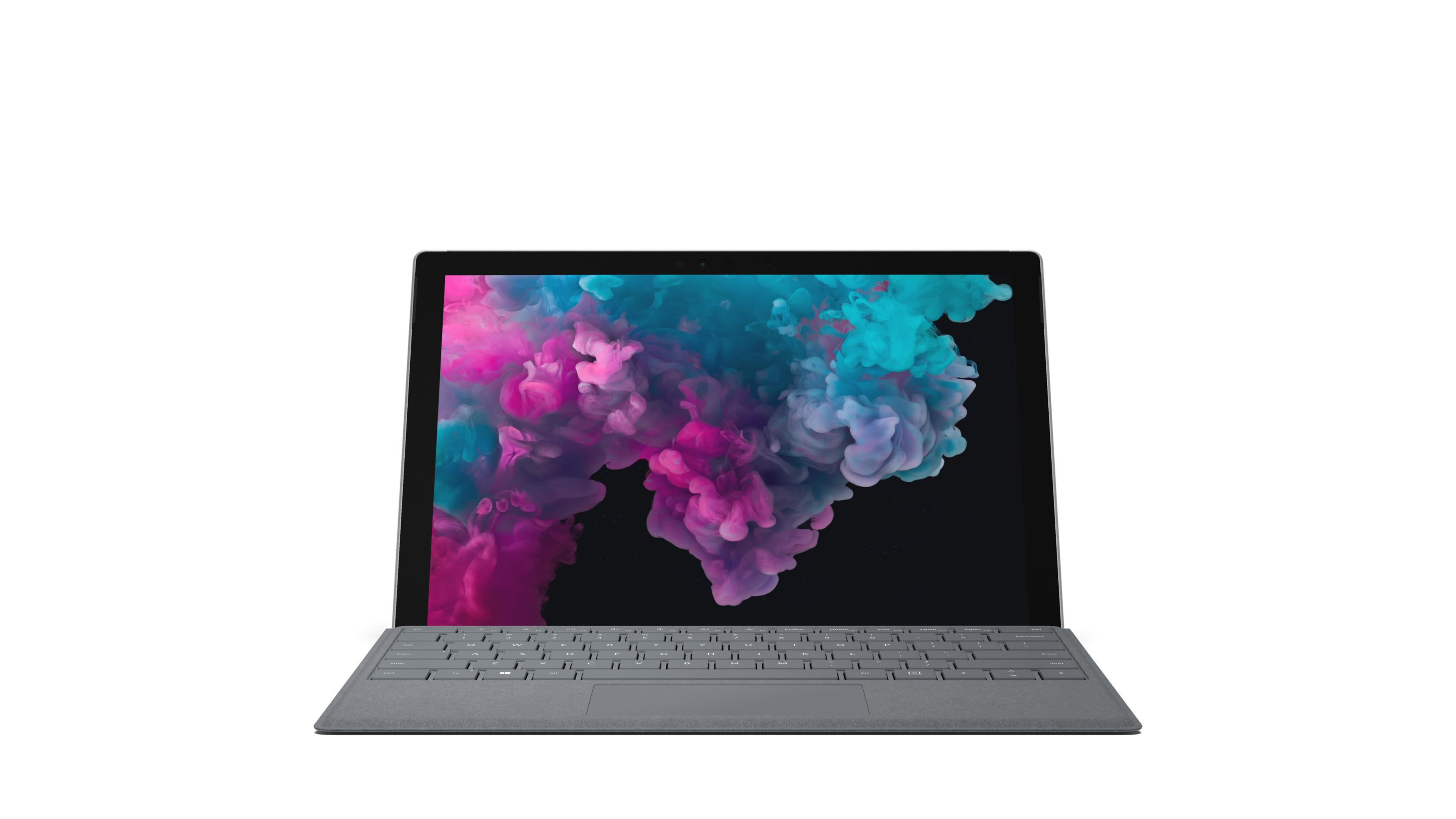 Laptop auf weißem Hintergrund. Der Bildschirm zeigt ein farbenfrohes, abstraktes Design.