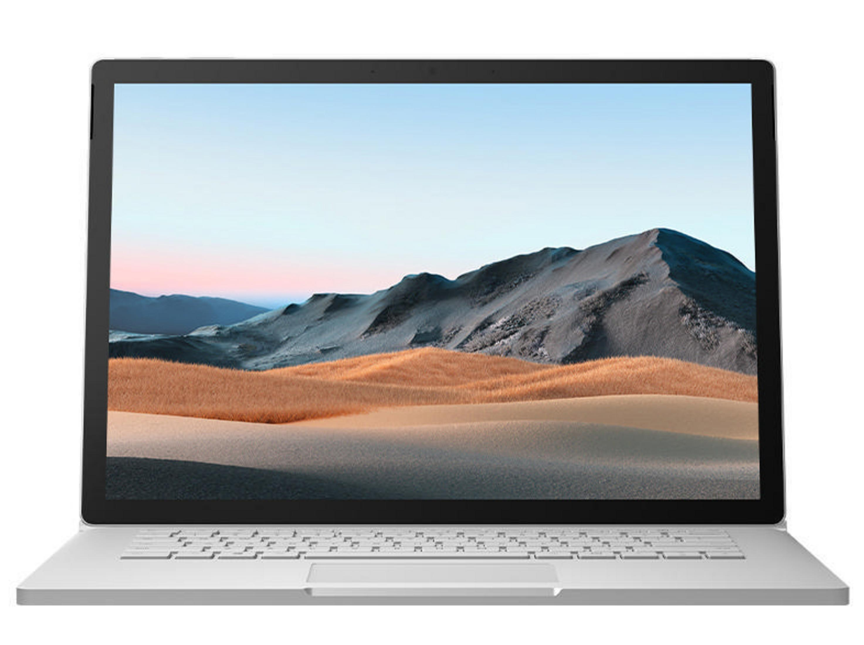 Ein silberner Laptop mit einem Bildschirm, der eine Berglandschaft zeigt. Der Hintergrund ist weiß.