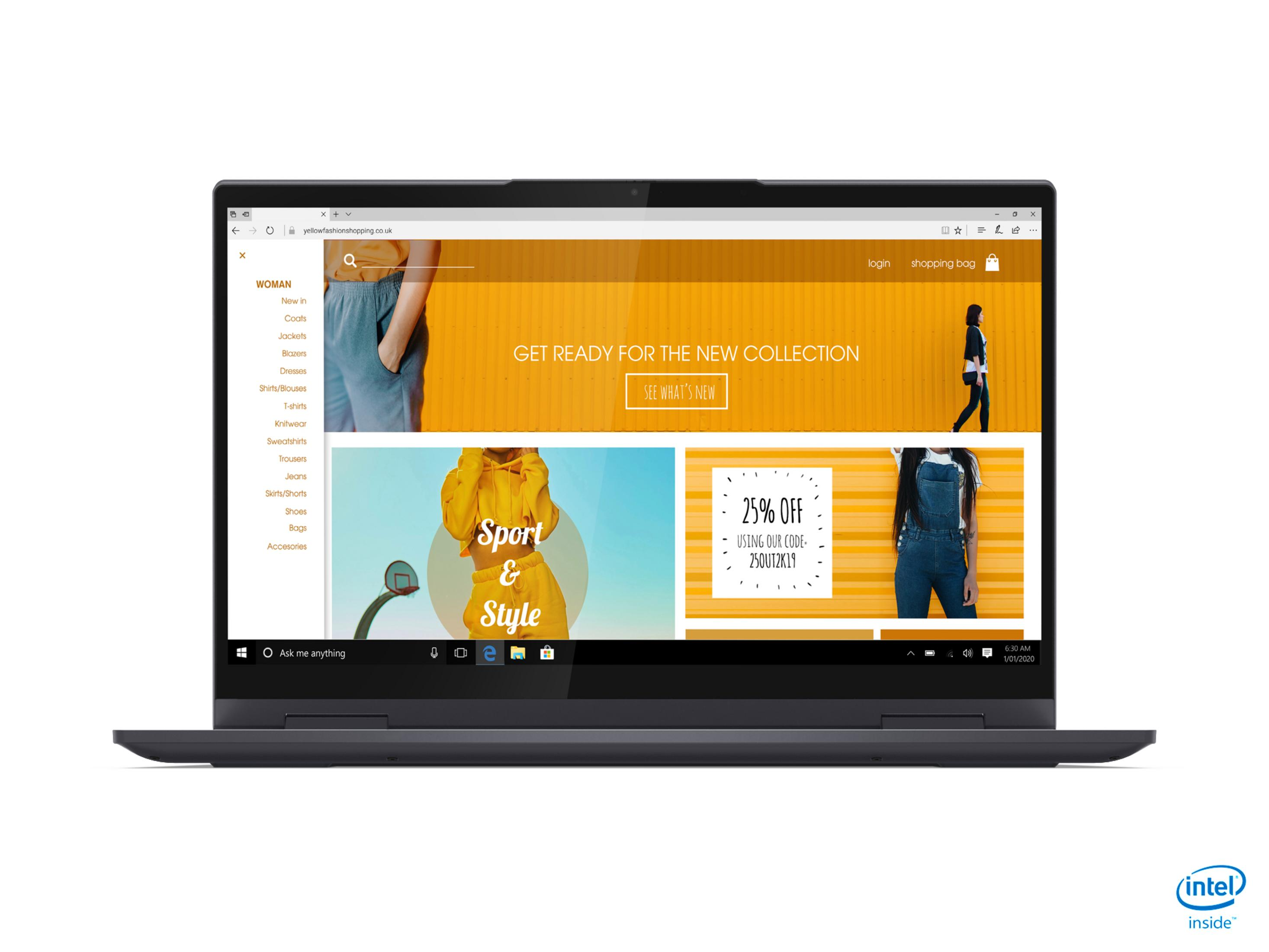 Laptop-Bildschirm, der eine Website mit Bekleidungsoptionen anzeigt, das Intel-Logo befindet sich unten.