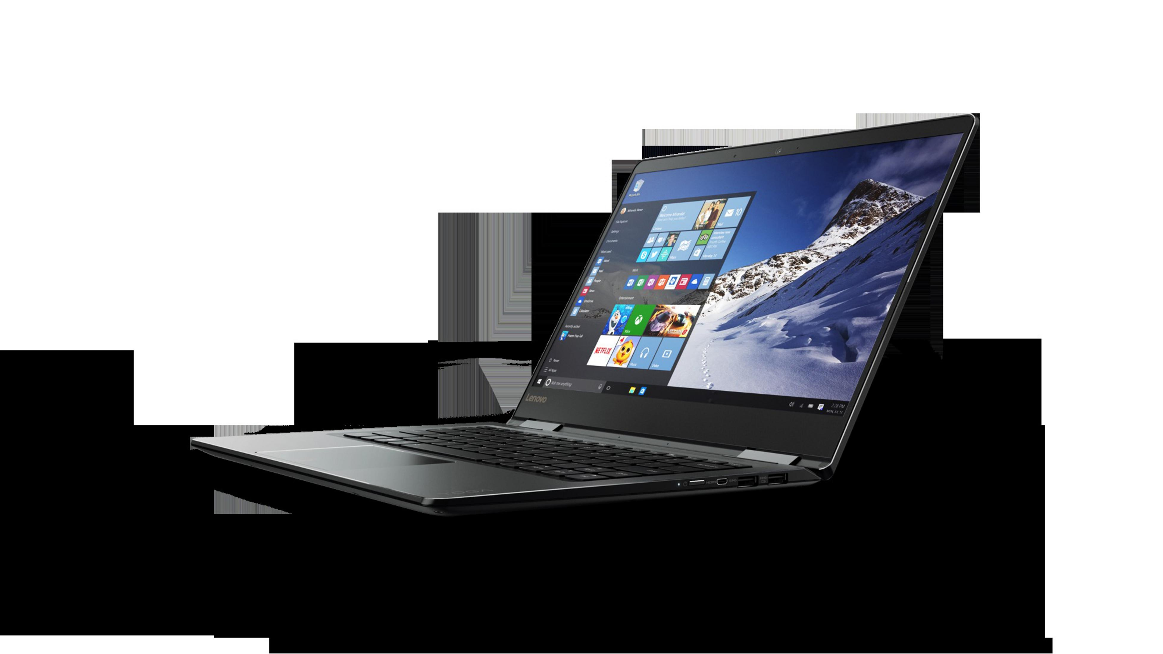 Ein schwarzer und silberner Lenovo-Laptop, leicht angewinkelt, zeigt einen bunten Desktop.