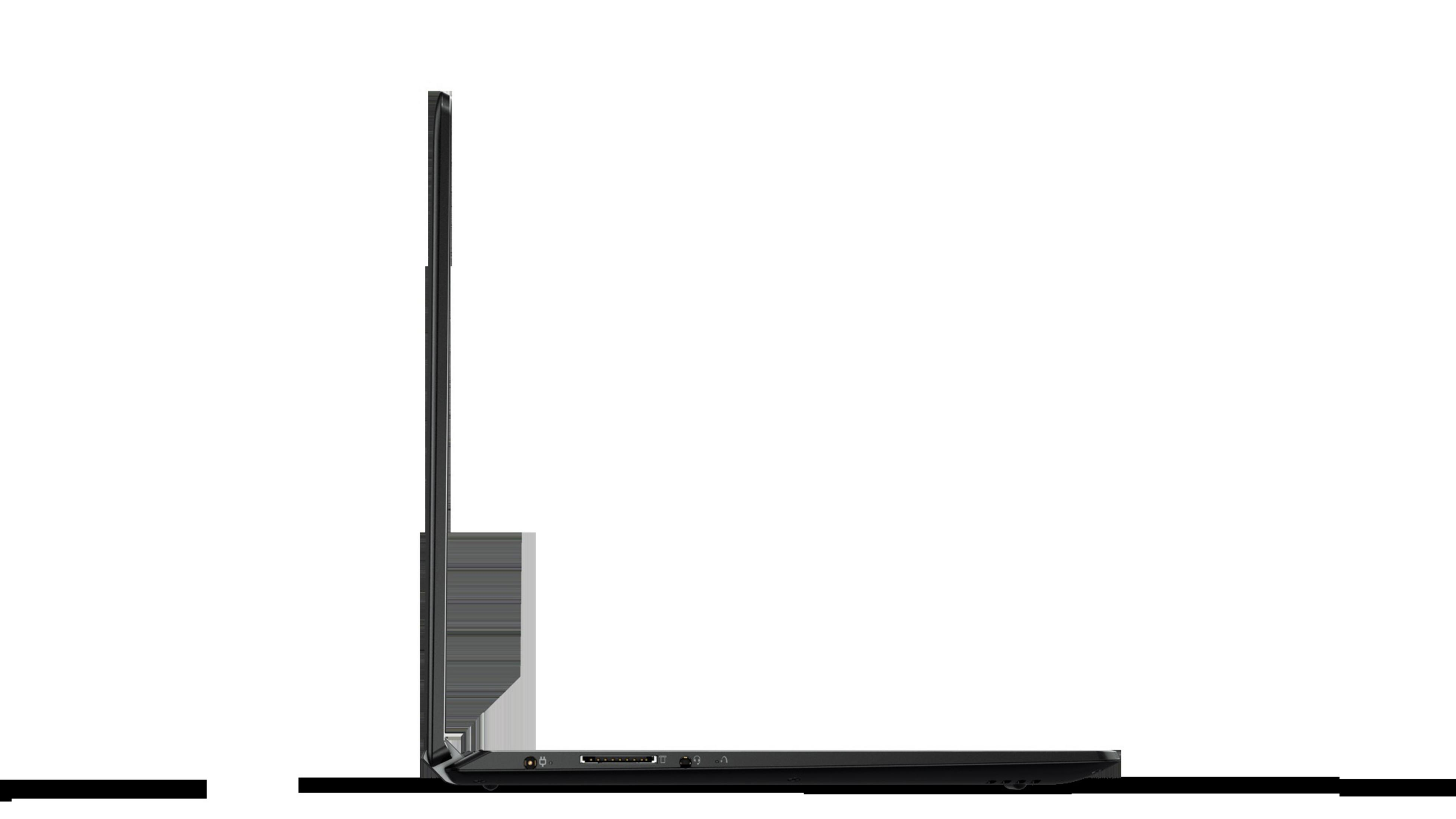 Seitenansicht eines schwarzen Laptops. Der Bildschirm ist geschlossen. Weißer Hintergrund.