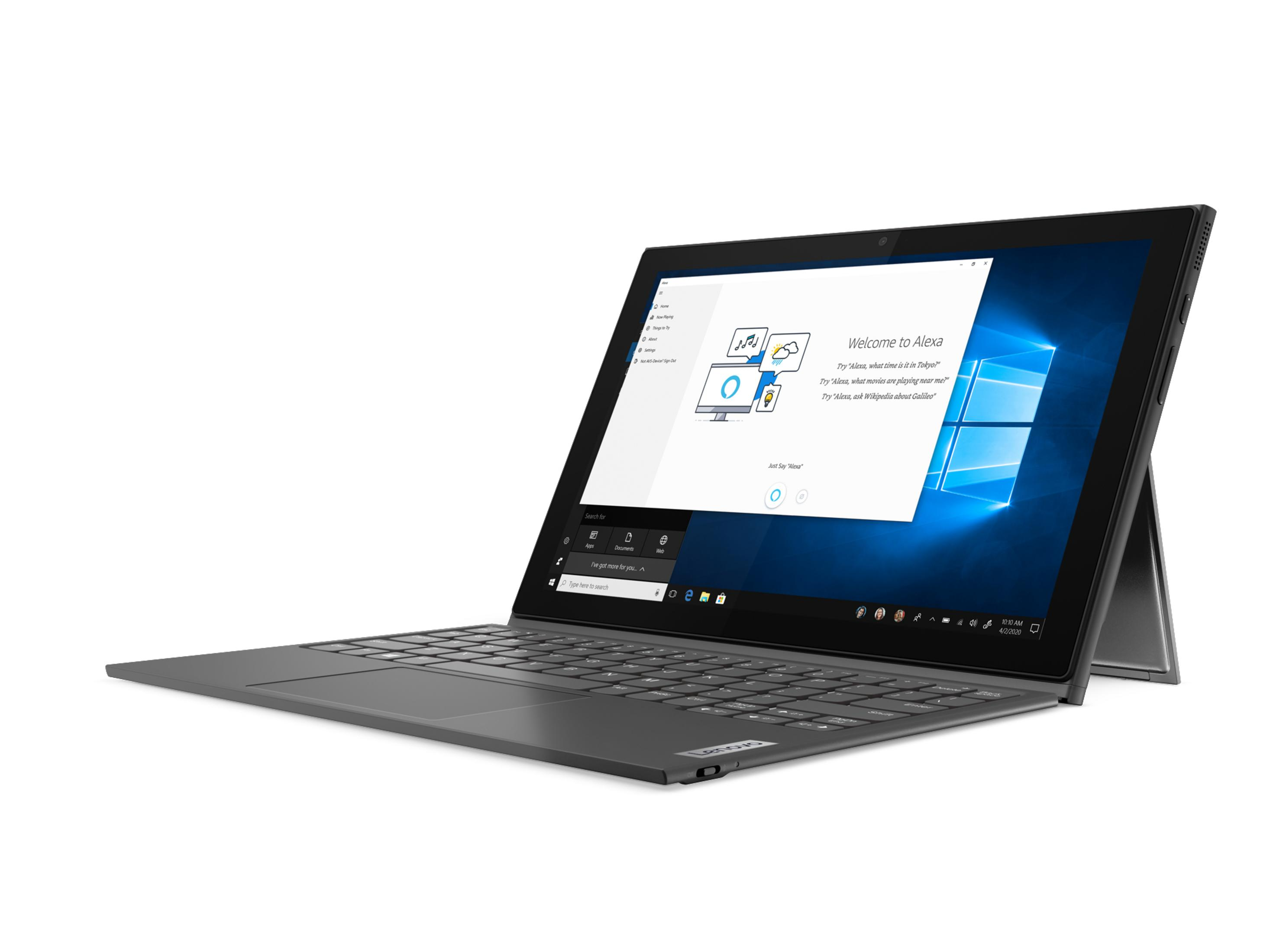 Ein grauer Lenovo-Laptop, der eine Windows-Oberfläche zeigt. Er steht auf einer weißen Oberfläche.