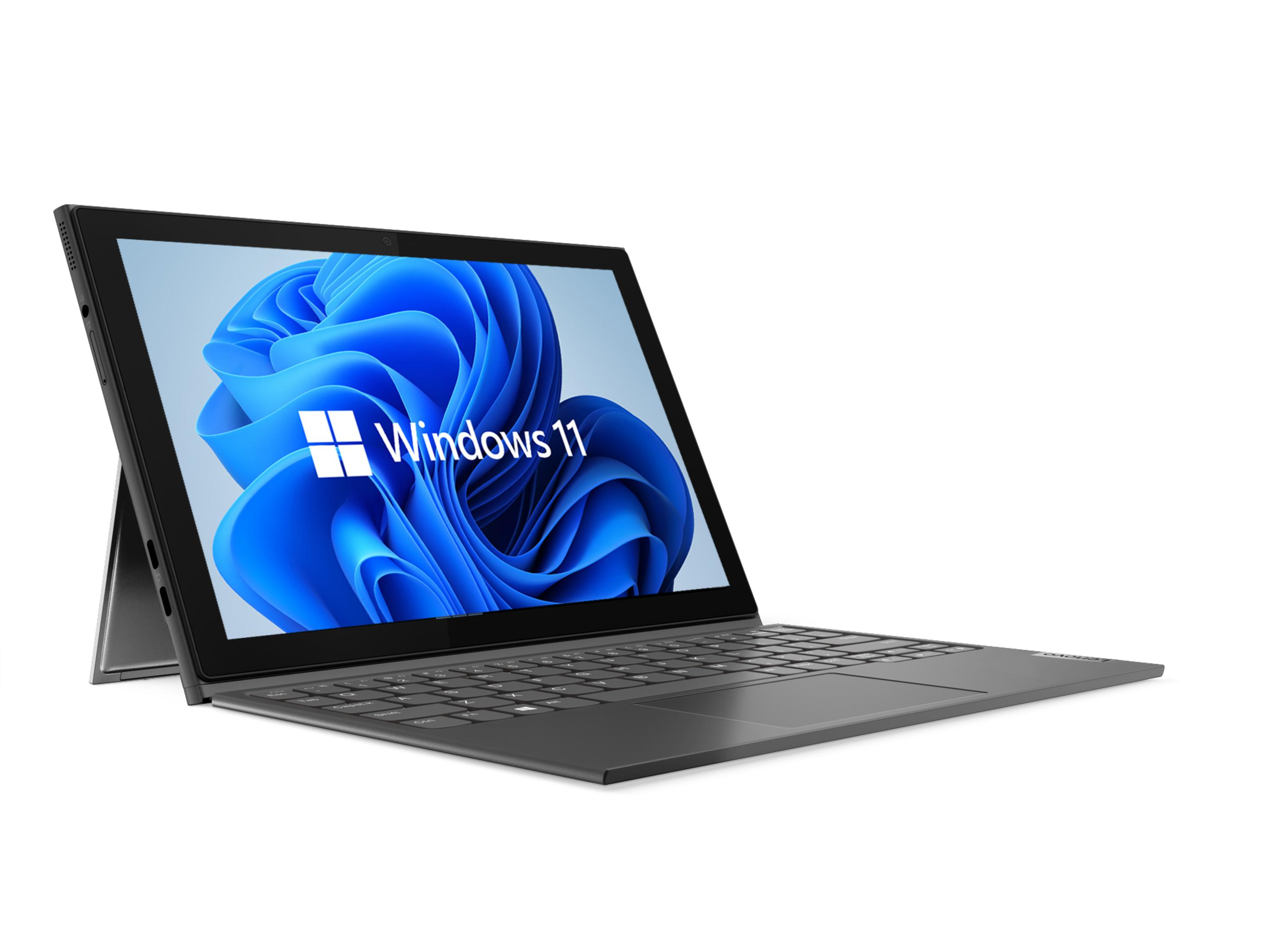 Ein Tablet mit Windows 11 auf dem Bildschirm, mit Tastatur, vor weißem Hintergrund.