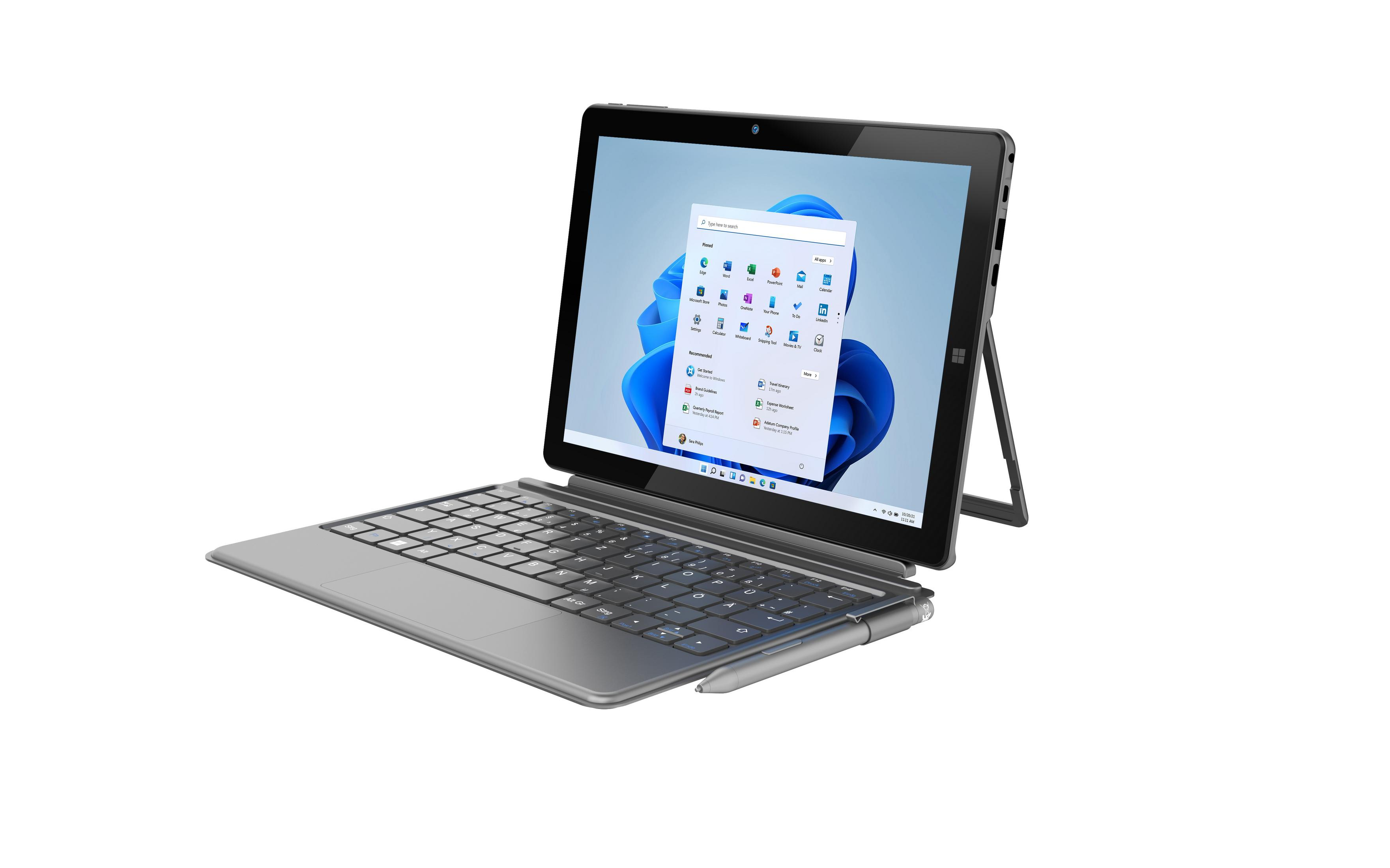 Tablet-Computer mit Tastaturhülle und Stift. Der Bildschirm zeigt eine Windows 11-Oberfläche. Es ist auf weißem Hintergrund.