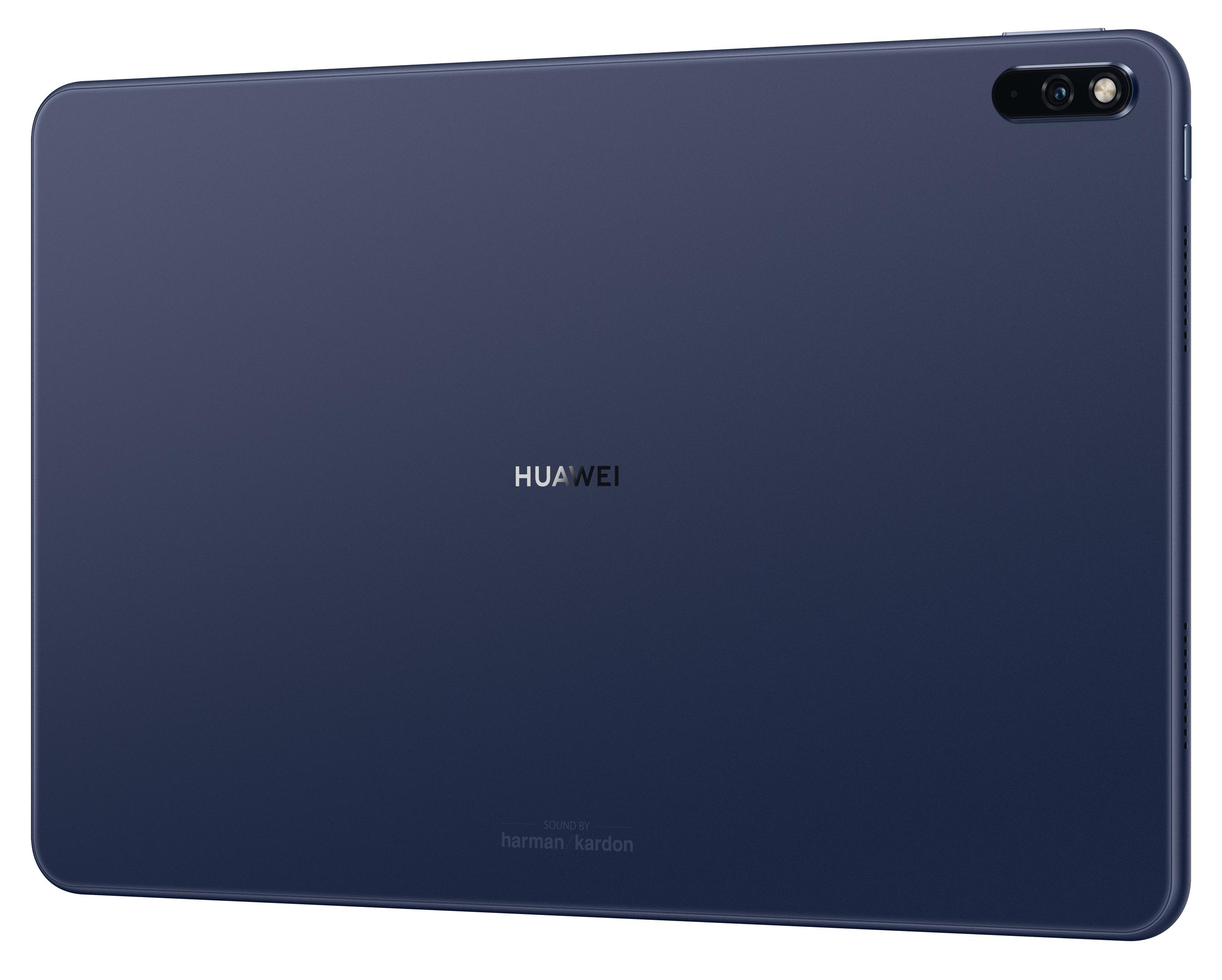 Rückseite eines marineblauen Tablets mit Kamera und Huawei-Logo. Sound von Harman Kardon.