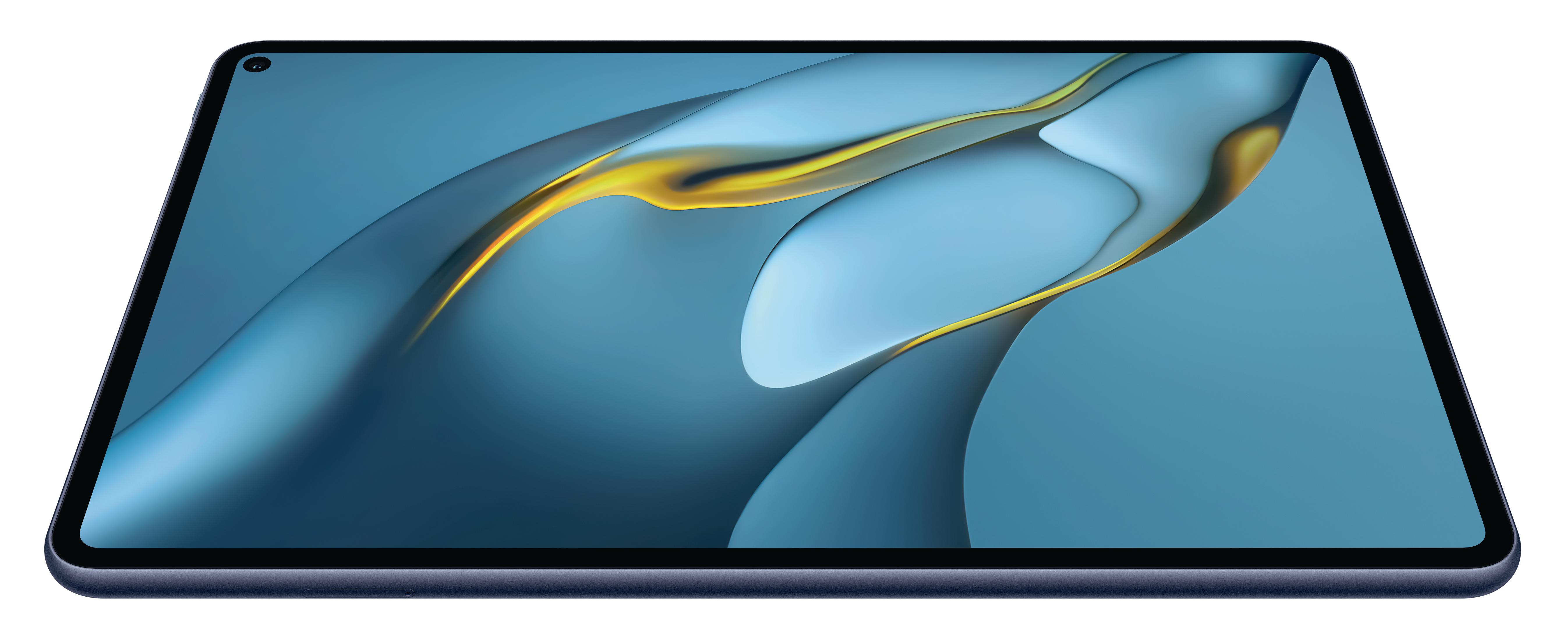 Ein Tablet mit blauem Bildschirm zeigt ein abstraktes blaues und goldenes Design. Das Tablet liegt auf weißem Untergrund.