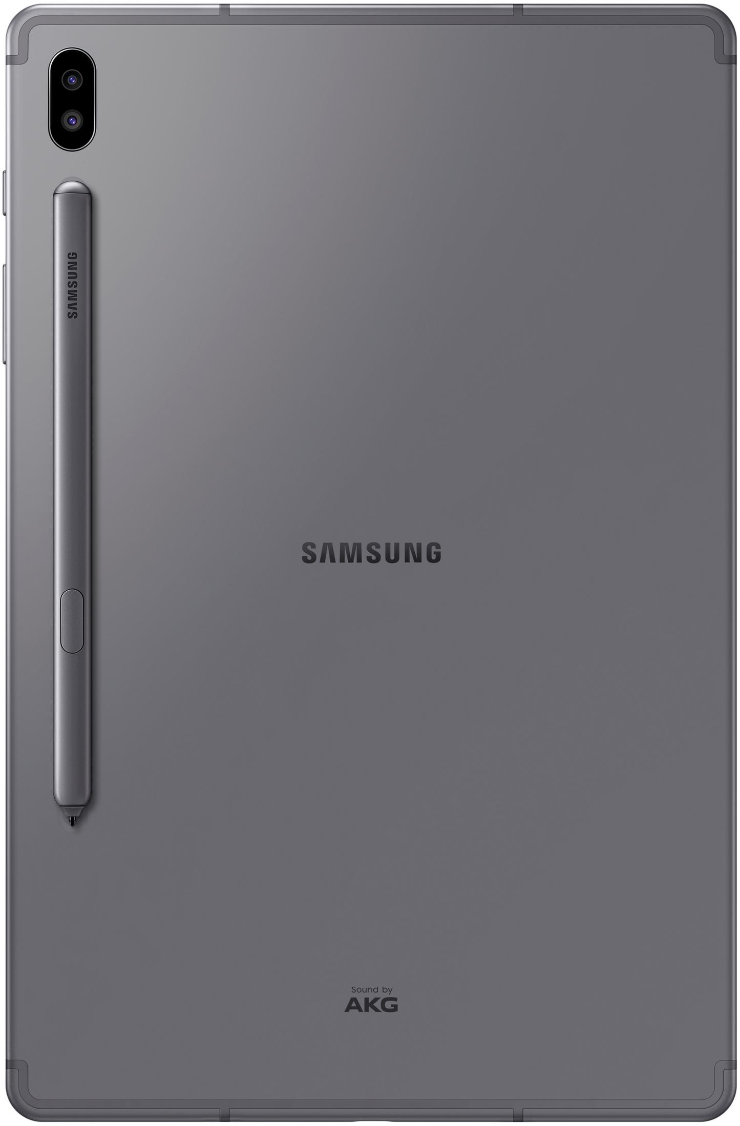 Graues Samsung-Tablet mit Stift. Rückseite zeigt Samsung-Logo und AKG-Logo.