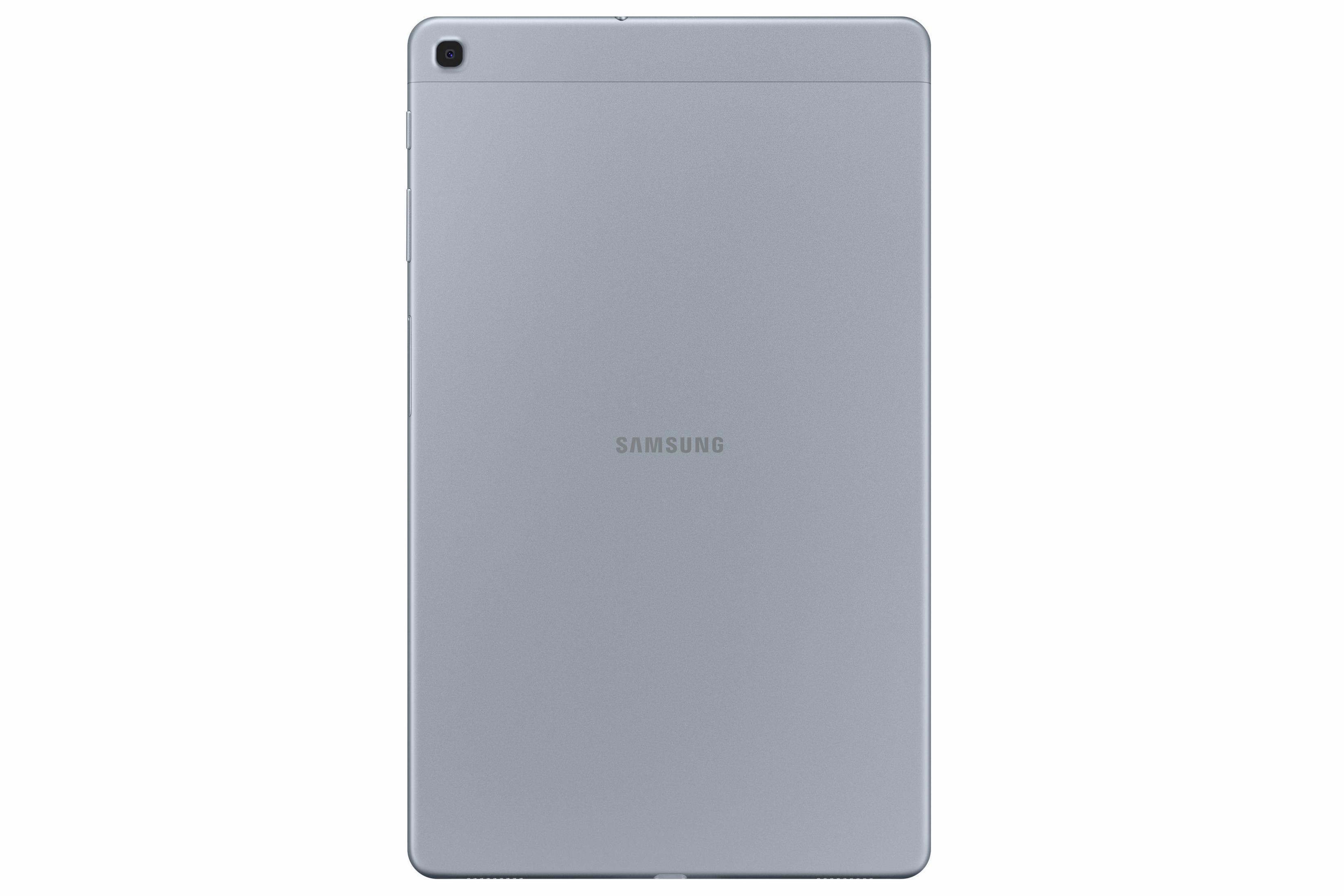 Ein hellblaues Tablet von Samsung mit dem Samsung-Logo auf der Rückseite.