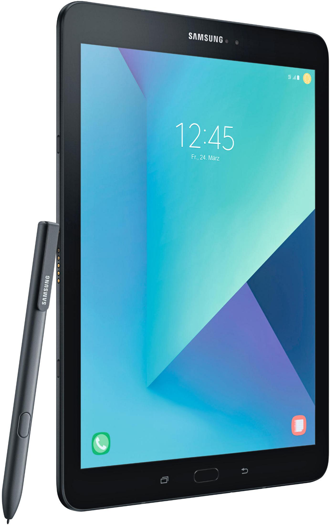 Schwarzes Samsung Tablet und Stift. Das Tablet ist angewinkelt und zeigt eine blau-violette Anzeige.