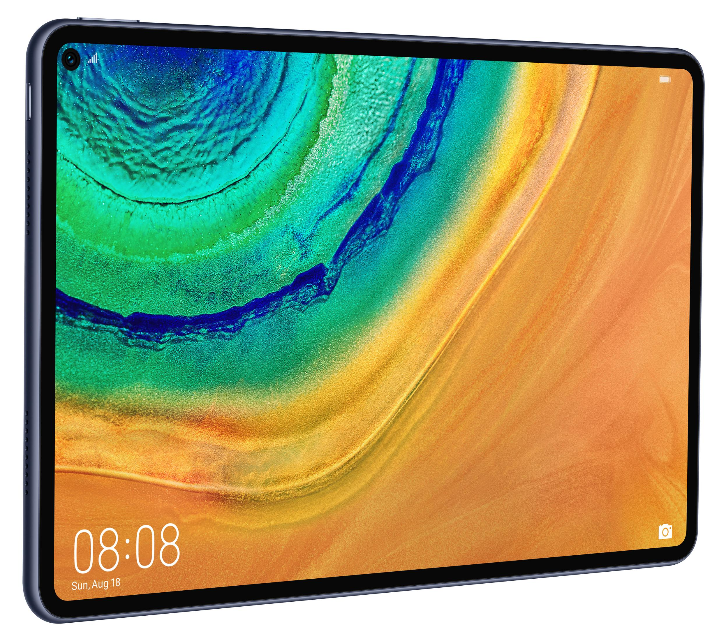 Tablet mit farbenfrohem Bildschirm. Dunkelblauer Rahmen. Zeigt buntes Bild und Uhrzeit.
