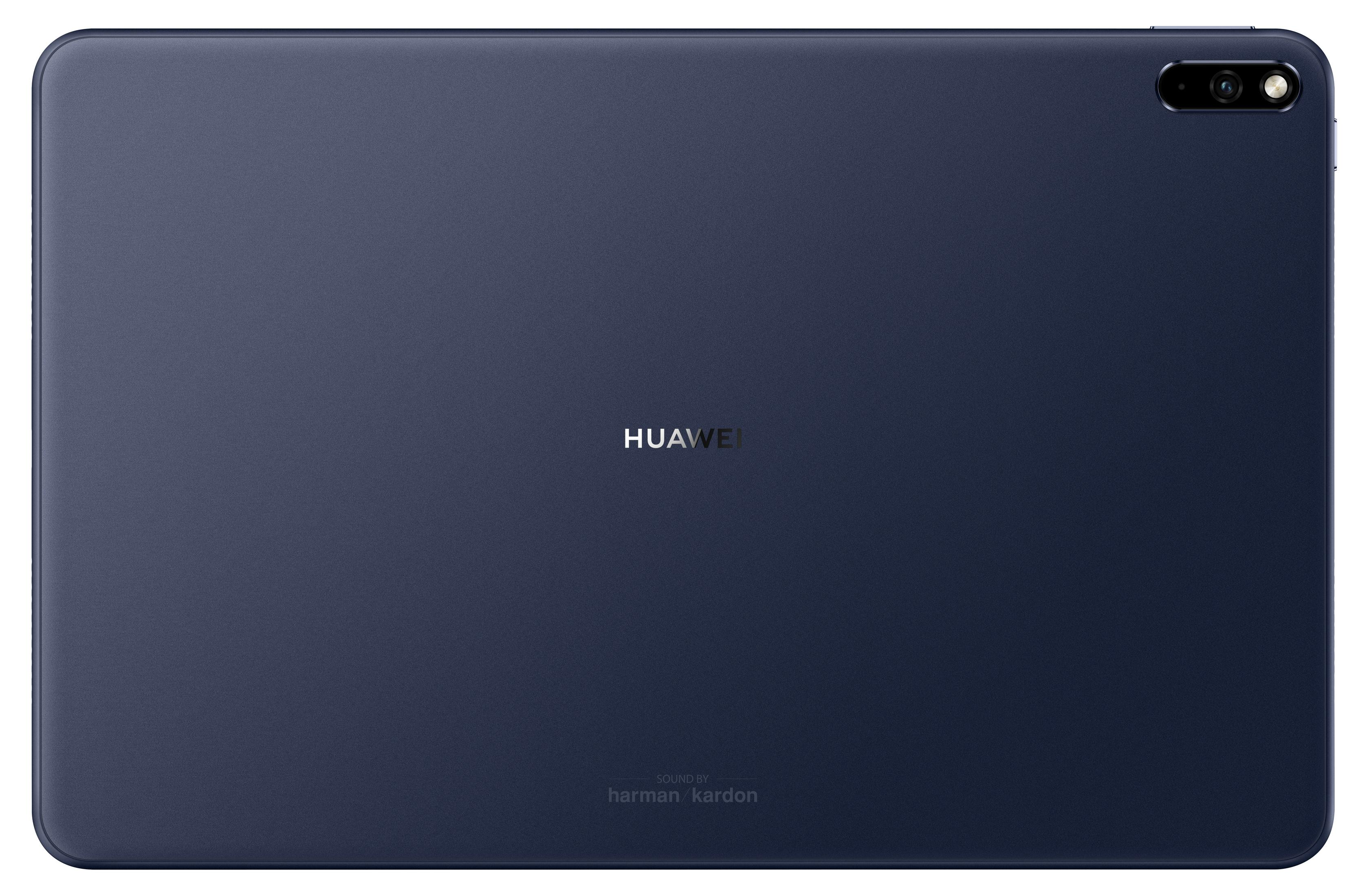 Dunkelblaue Tablet-Rückseite mit Kamera und Huawei-Logo, auf schwarzem Hintergrund.