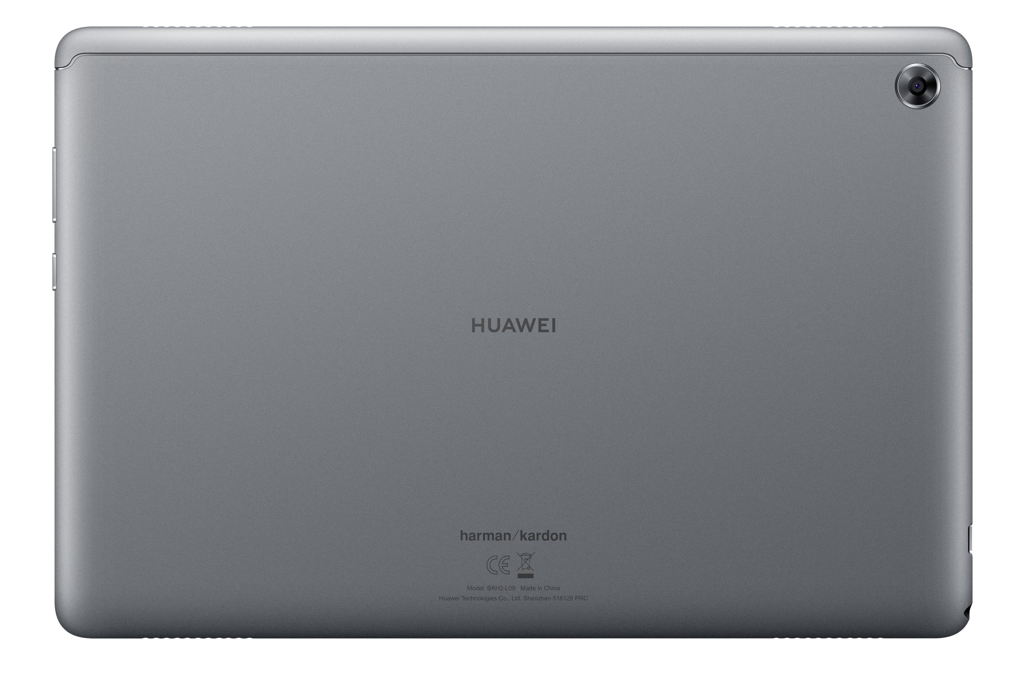 Ein graues Huawei-Tablet, die Rückseite ist sichtbar und zeigt die Kamera, das Logo und andere Markierungen.