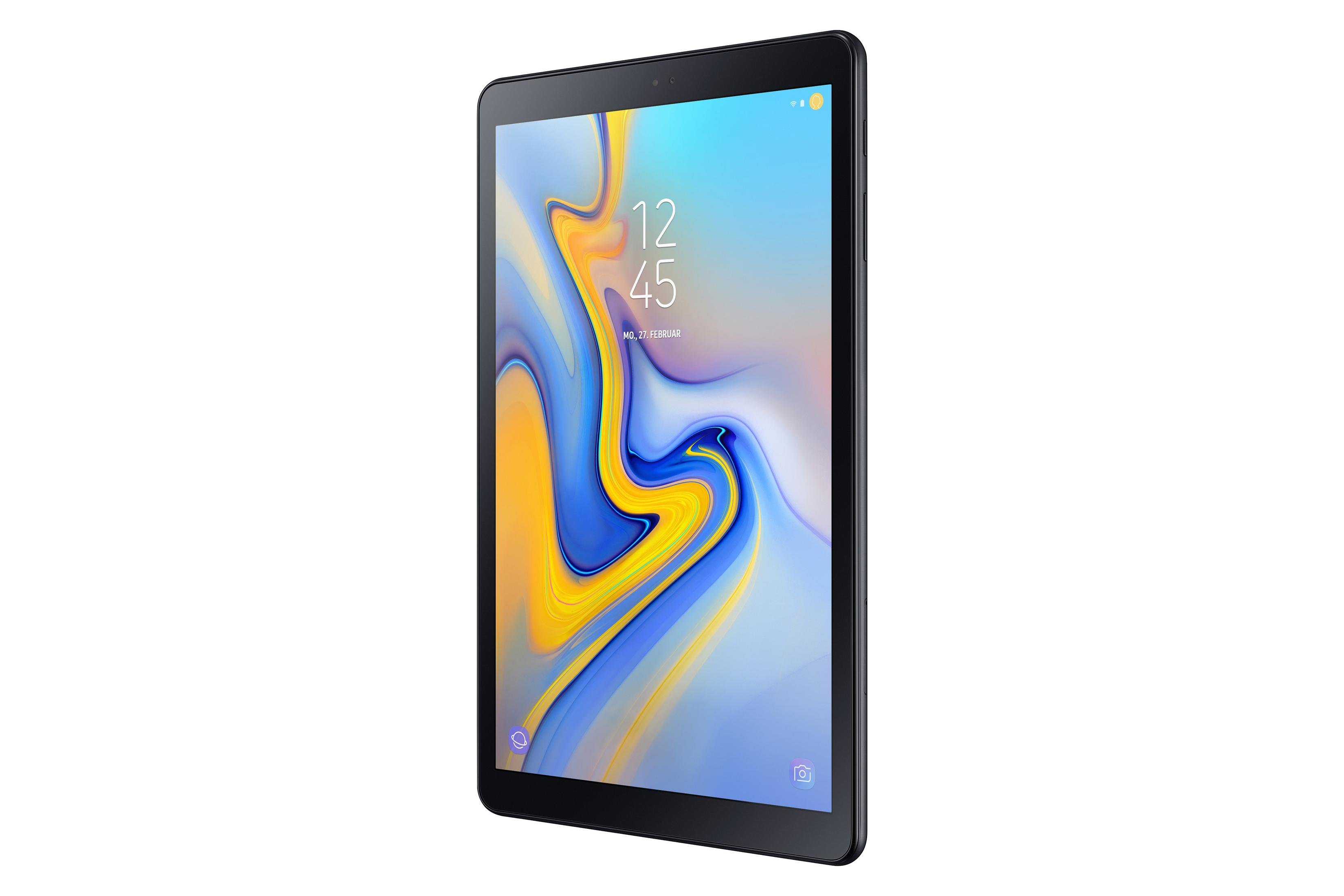 Schwarzes Tablet mit Uhrzeit auf dem Bildschirm und blau-gelbem abstraktem Hintergrund.
