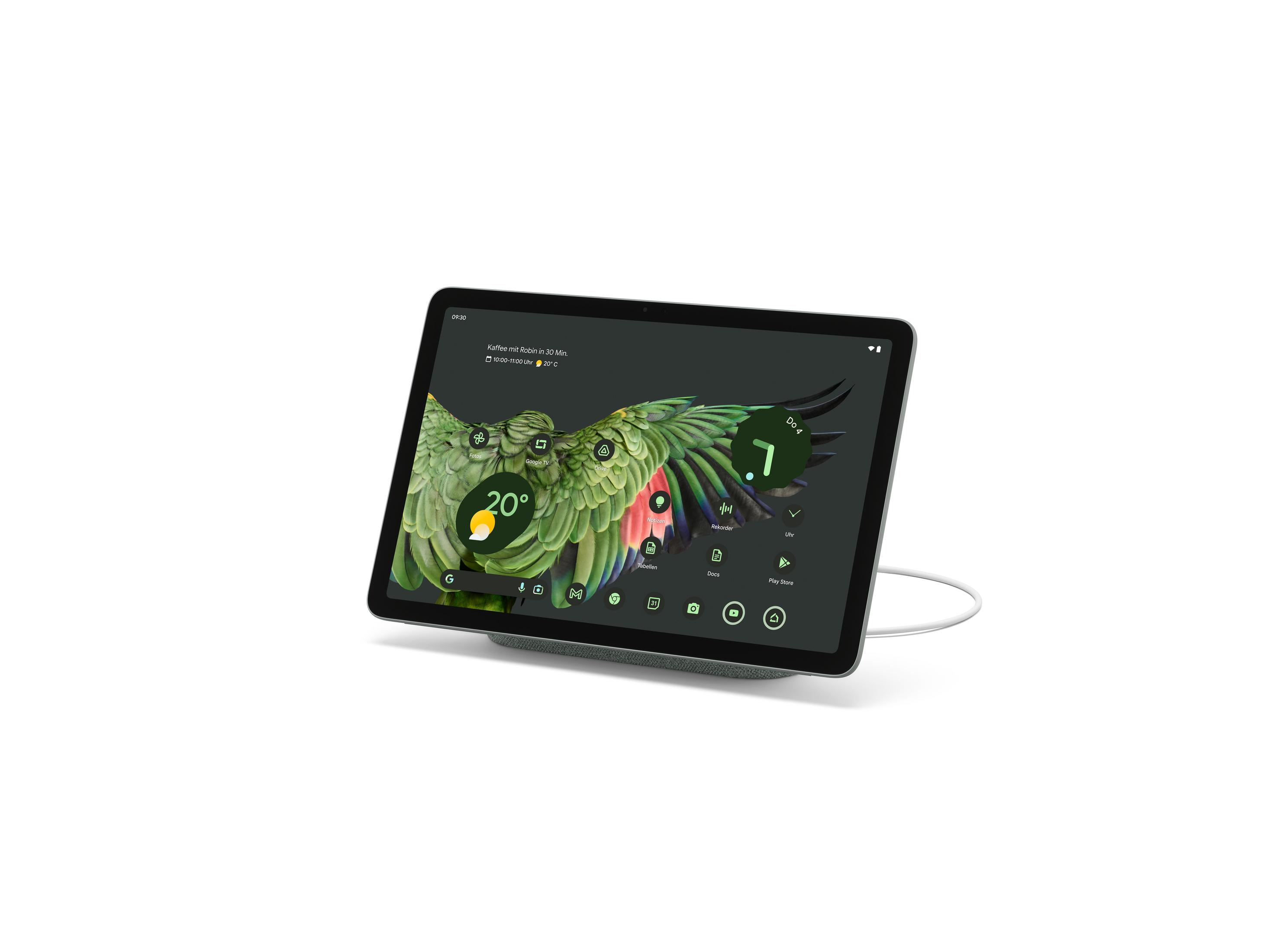 Ein Tablet auf einem Ständer, das eine Grafik mit einem Papagei anzeigt.