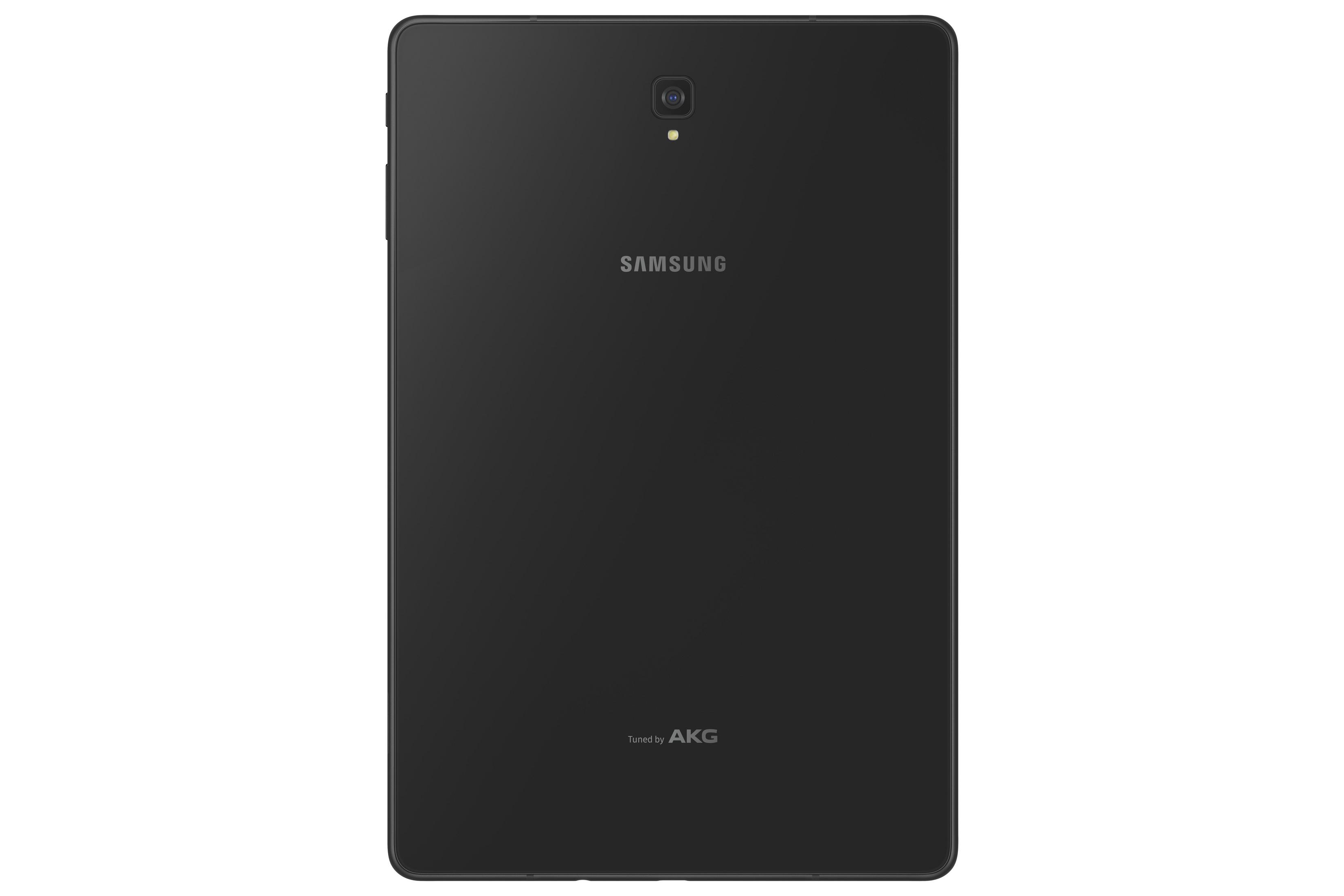 Ein schwarzes Samsung Tablet, die Rückseite zur Kamera zeigend, mit Kameralinse und Markenlogo.