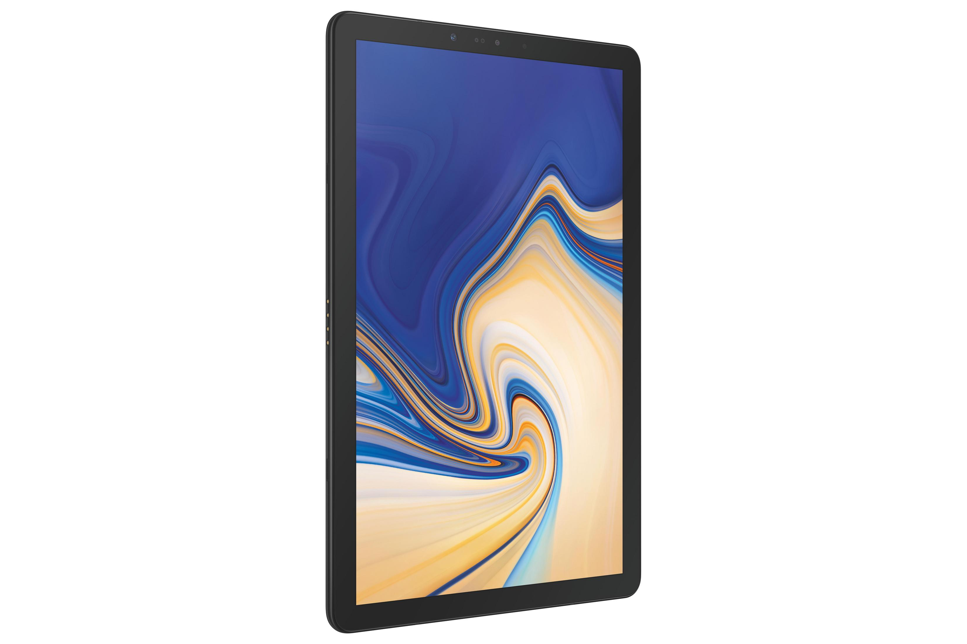 Schwarzes Tablet. Der Bildschirm zeigt ein blaues und gelbes abstraktes Bild.