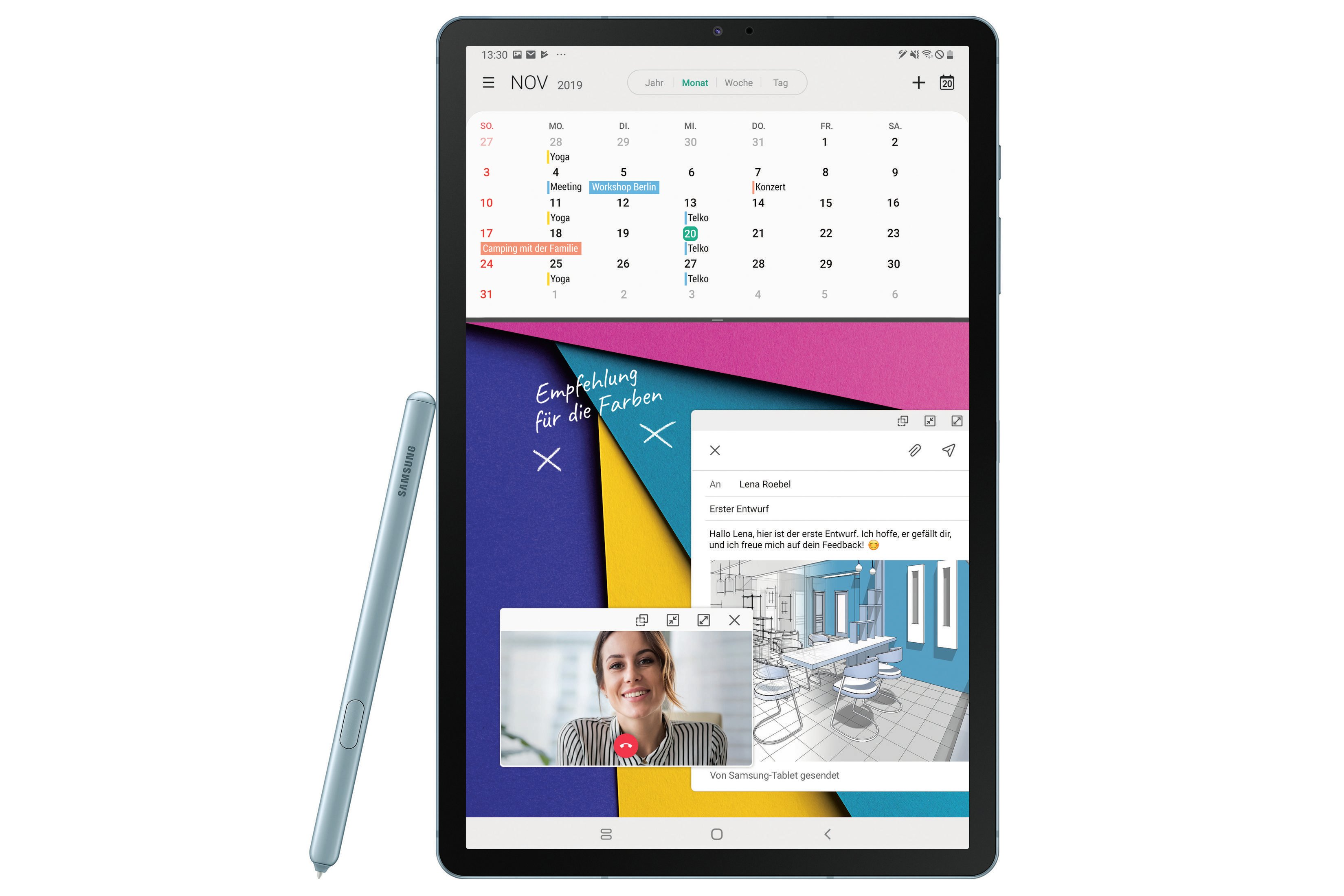 Ein Tablet mit Stift, zeigt Kalender und Videoanruf-Oberfläche. Das Tablet ist weiß, ein Stift liegt daneben.
