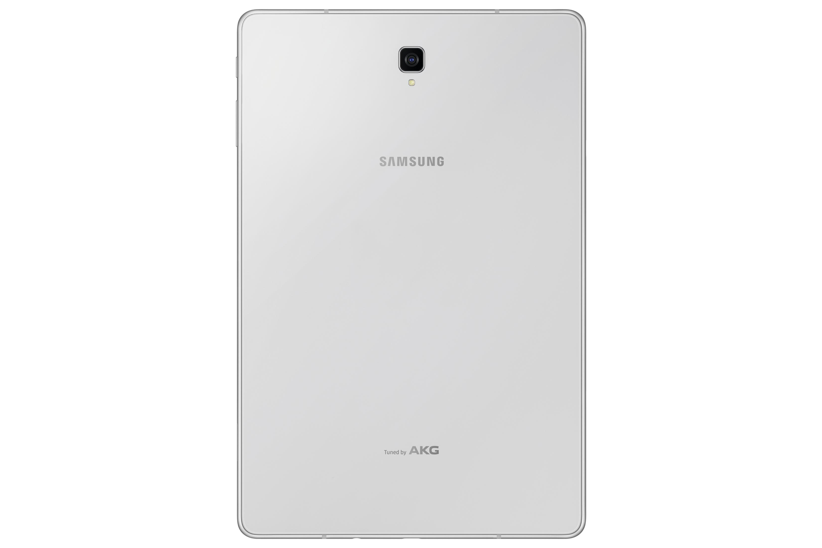 Rückansicht eines weißen Samsung-Tablets mit Kamera und Samsung- und AKG-Logos.