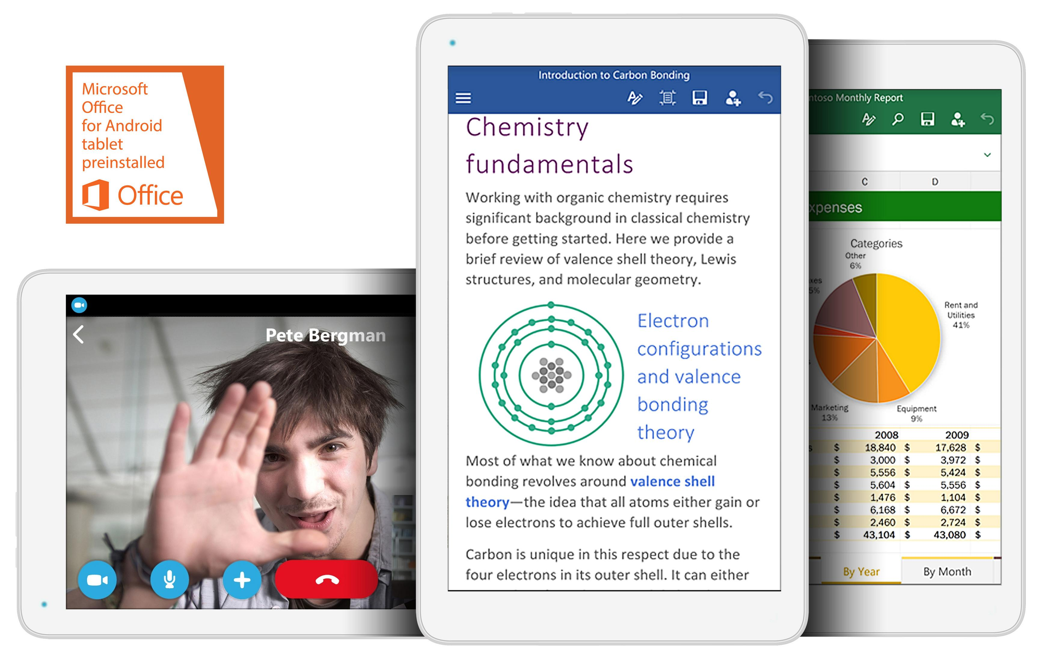 Tablets, die Microsoft Office-Apps anzeigen, darunter ein Videoanruf, ein Dokument und eine Tabelle.