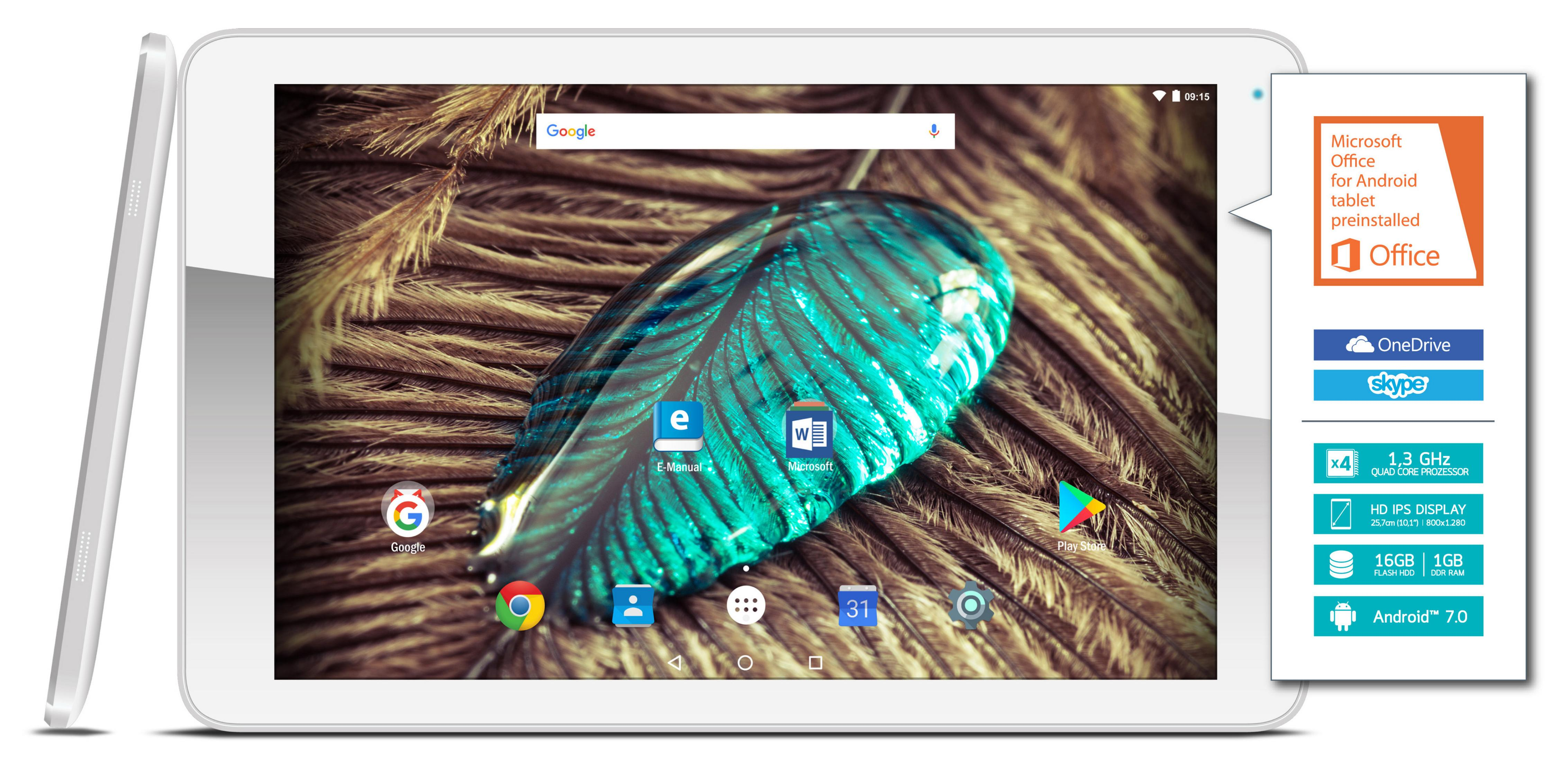 Weißes Tablet mit farbenfrohem Bildschirm, zeigt verschiedene App-Symbole und Informationen.