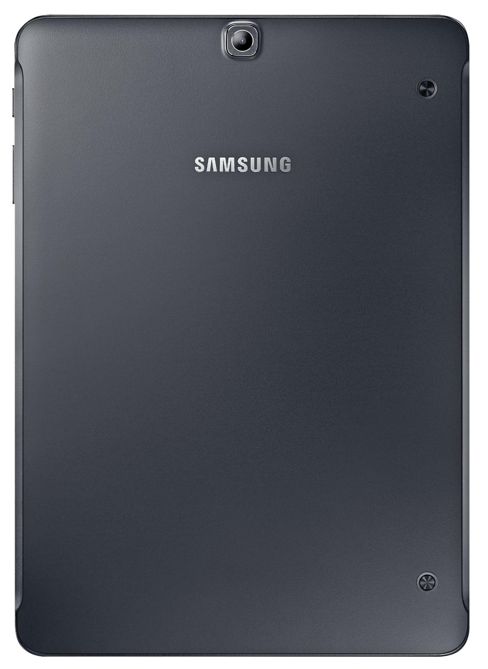 Die Rückseite eines dunkelgrauen Samsung-Tablets mit Kamera und zwei Designelementen.