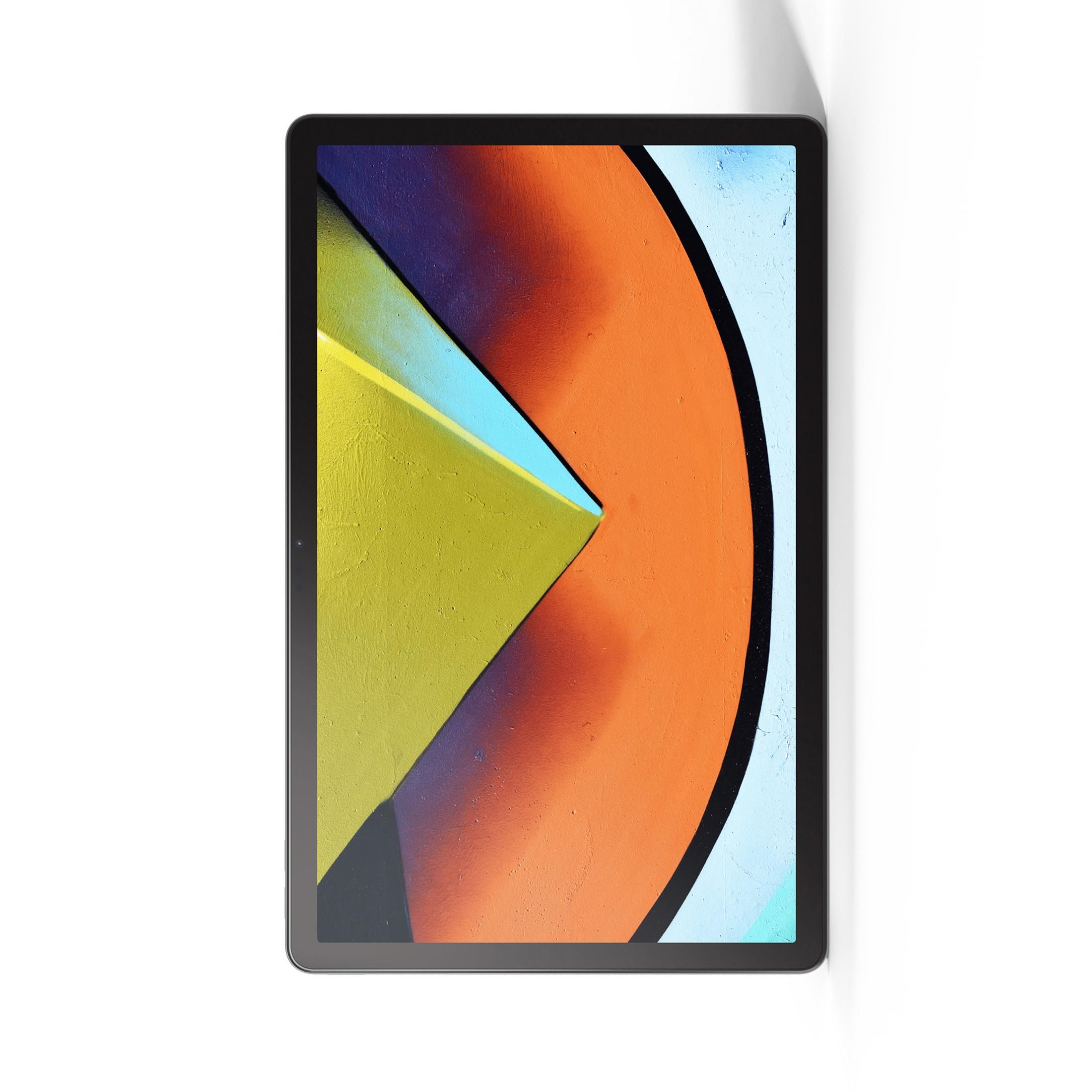 Ein schwarzes Tablet mit einem abstrakten Kunsthintergrund mit orange, gelb und blau.