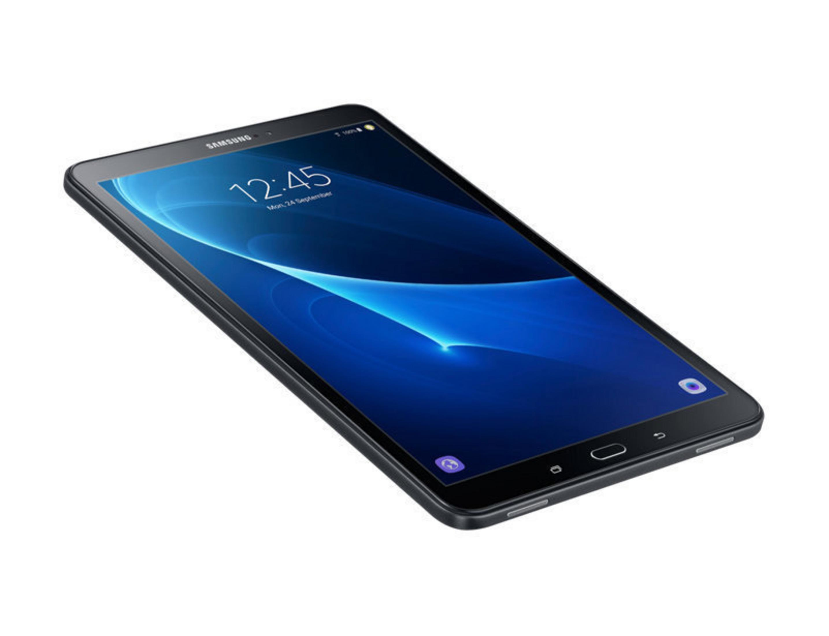 Ein schwarzes Tablet mit blauem Bildschirm, der ein abstraktes Design zeigt, auf weißem Hintergrund.