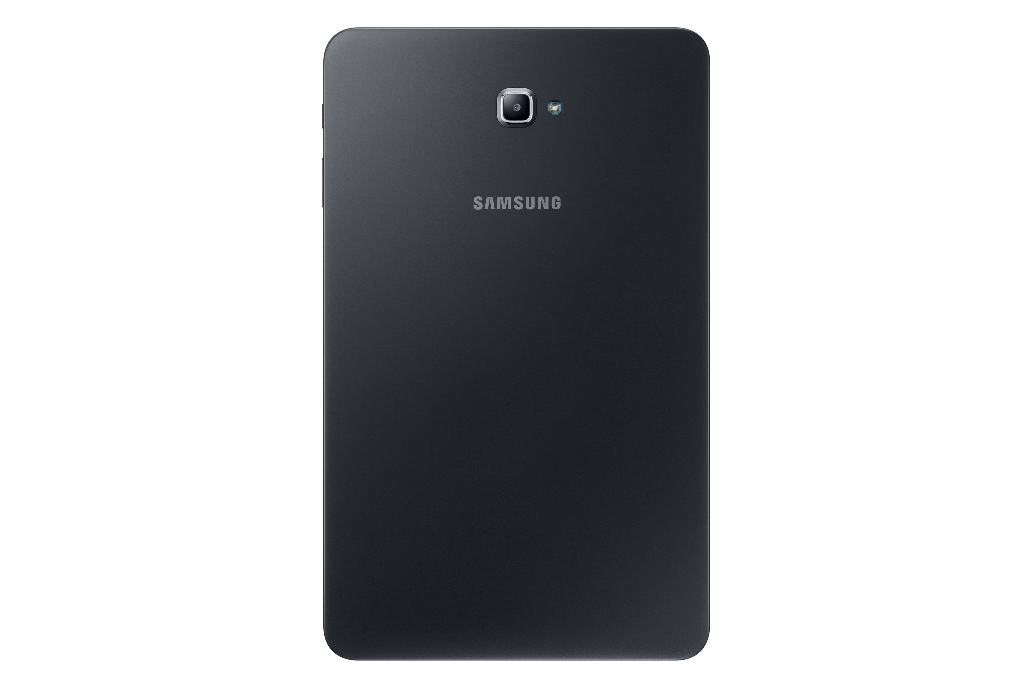 Ein schwarzes Samsung-Tablet. Die Rückseite des Tablets ist sichtbar, mit Kamera und Samsung-Logo.