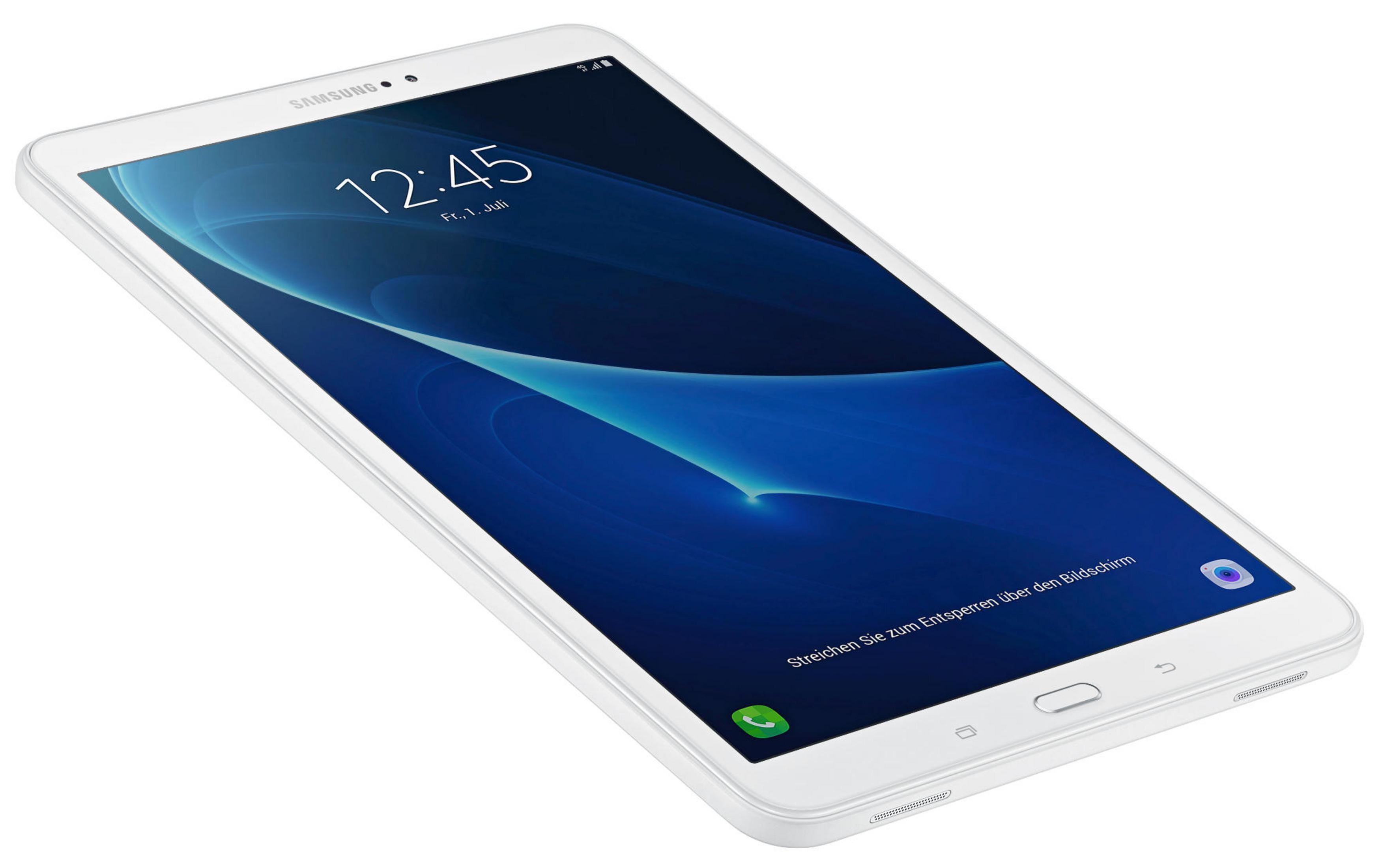 Weißes Samsung Tablet, zeigt Bildschirm mit blauem Farbverlauf, weißer Hintergrund.