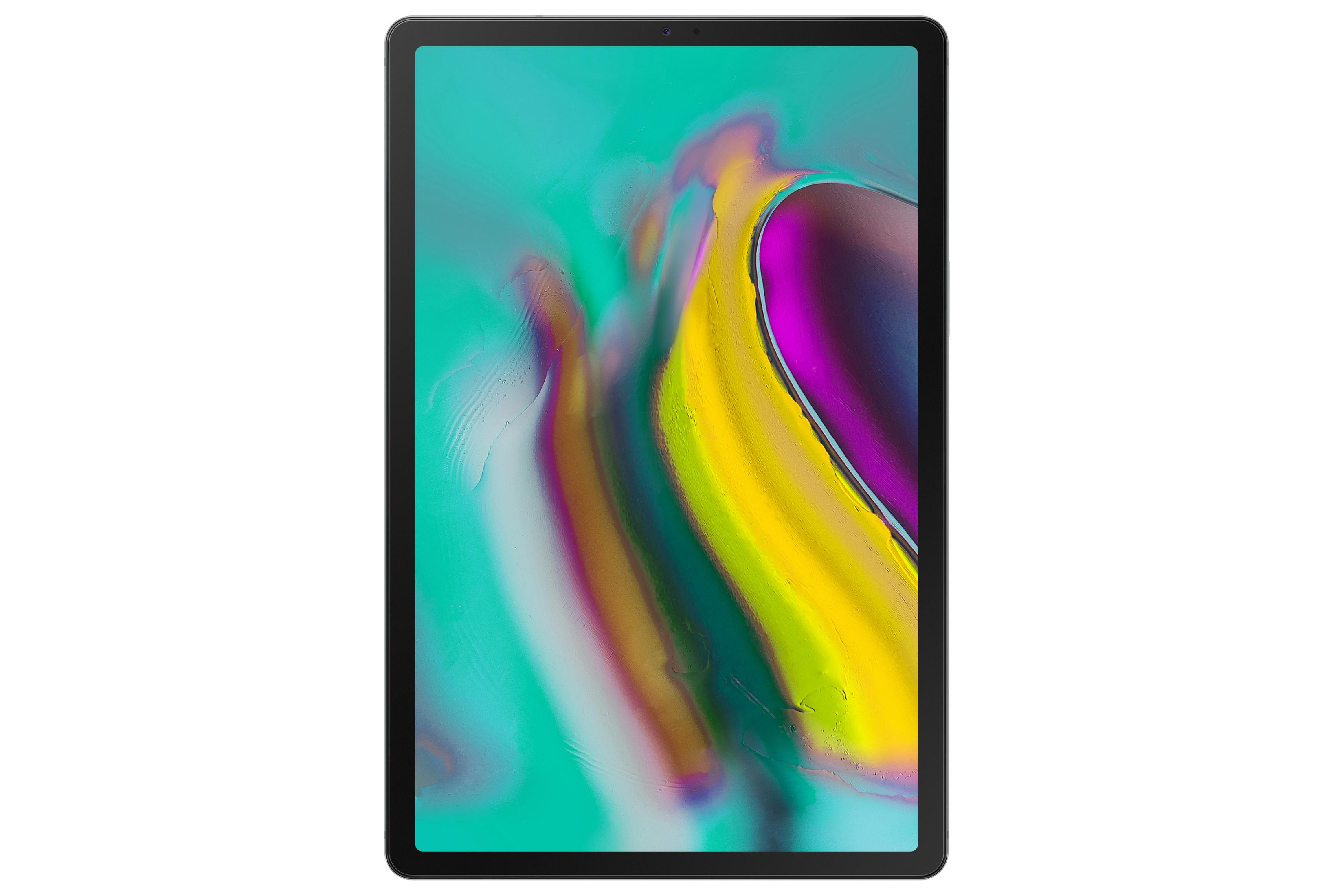 Schwarzes Tablet mit farbenfrohem Bildschirm. Der Bildschirm zeigt eine Mischung aus Gelb, Grün und Lila.